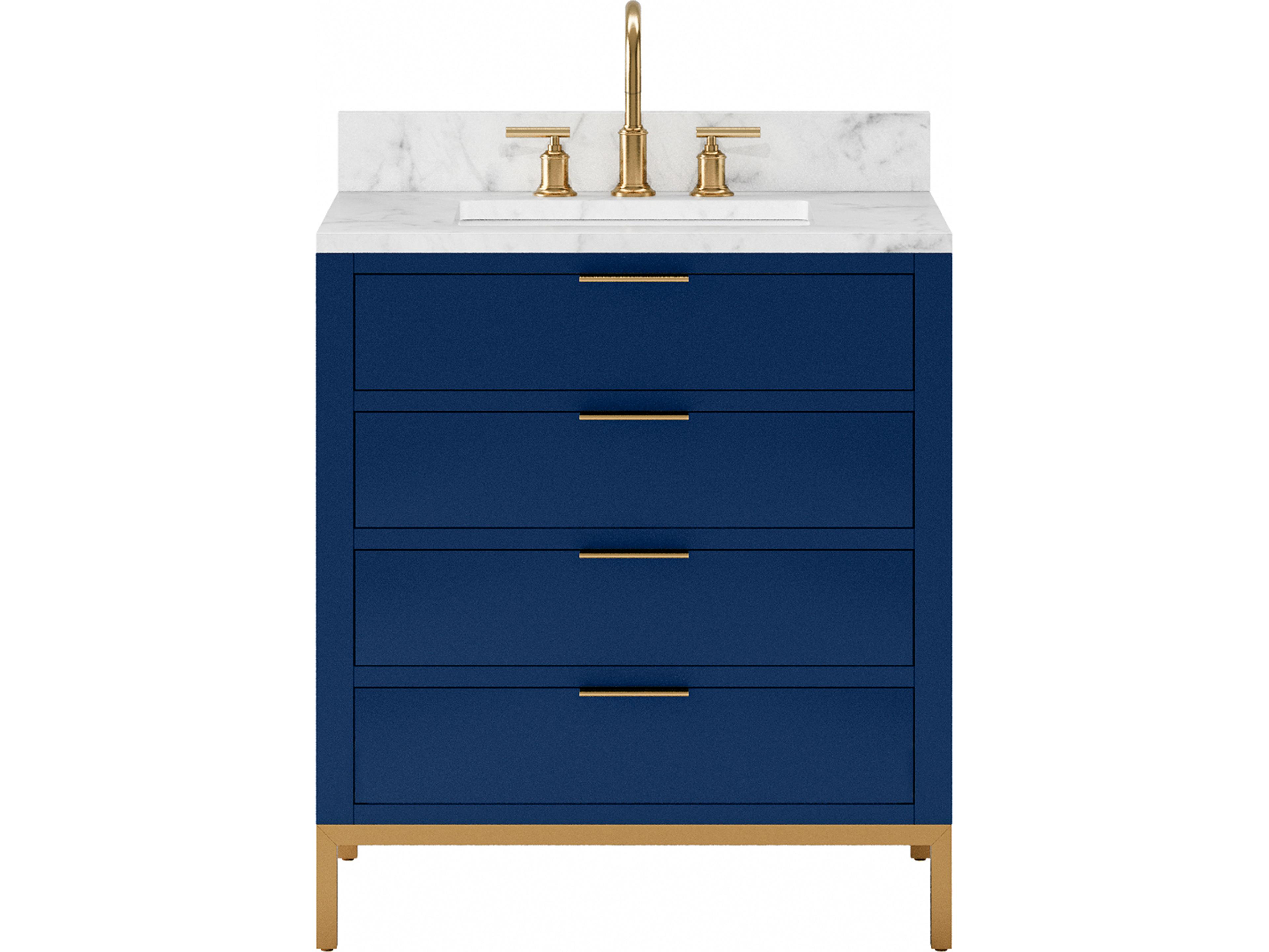 Water Creation Bristol Single Sink Carrara White Marble Countertop Bath Vanity in Monarch Blue with Satin Gold Gooseneck Faucet