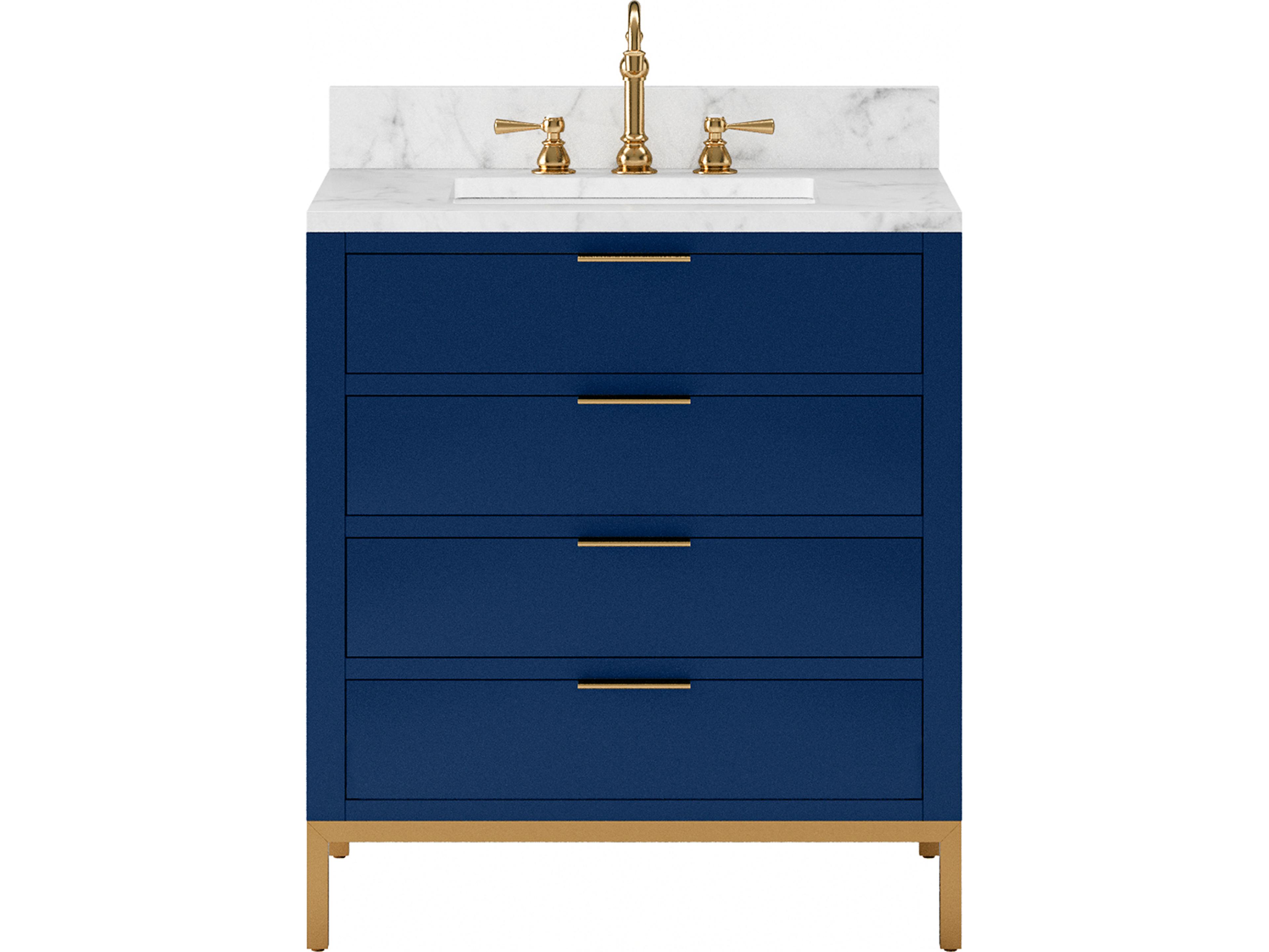 Water Creation Bristol Single Sink Carrara White Marble Countertop Bath Vanity in Monarch Blue with Satin Gold Hook Faucet