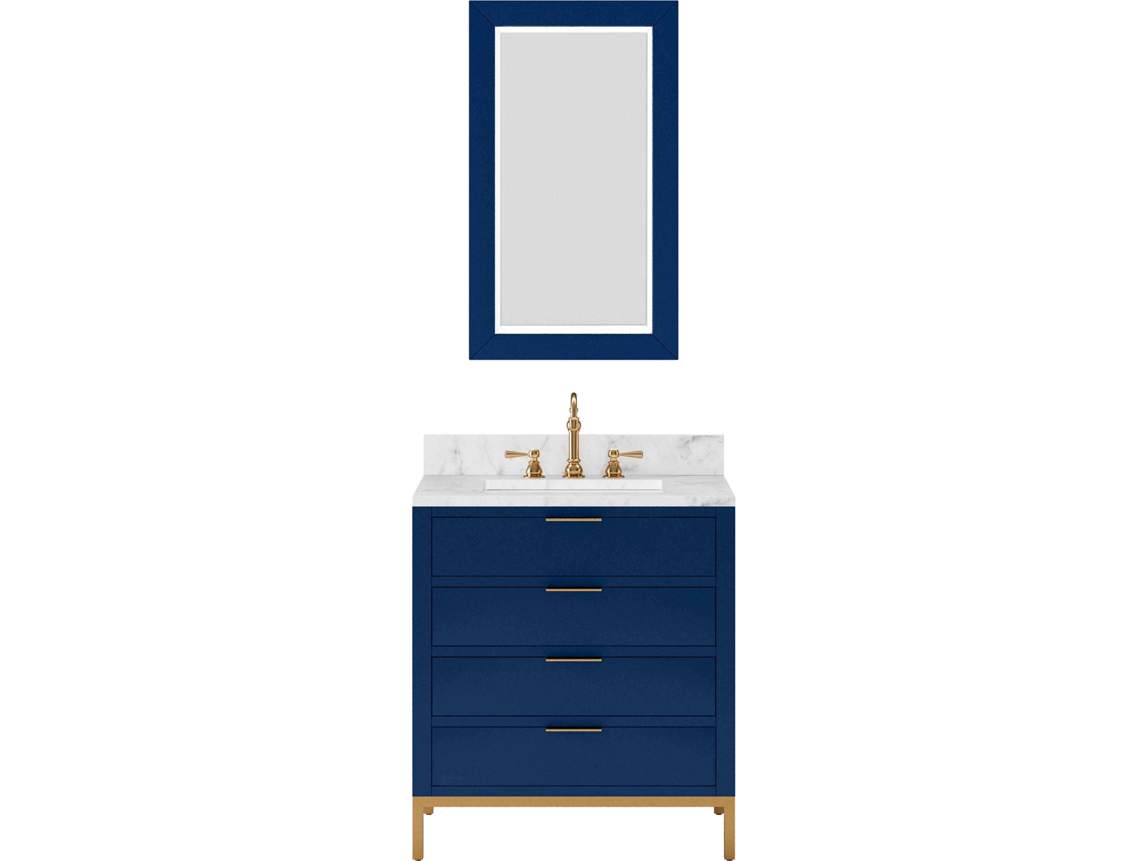 Water Creation Bristol Single Sink Carrara White Marble Countertop Bath Vanity in Monarch Blue with Satin Gold Hook Faucet and Rectangular Mirror (S)