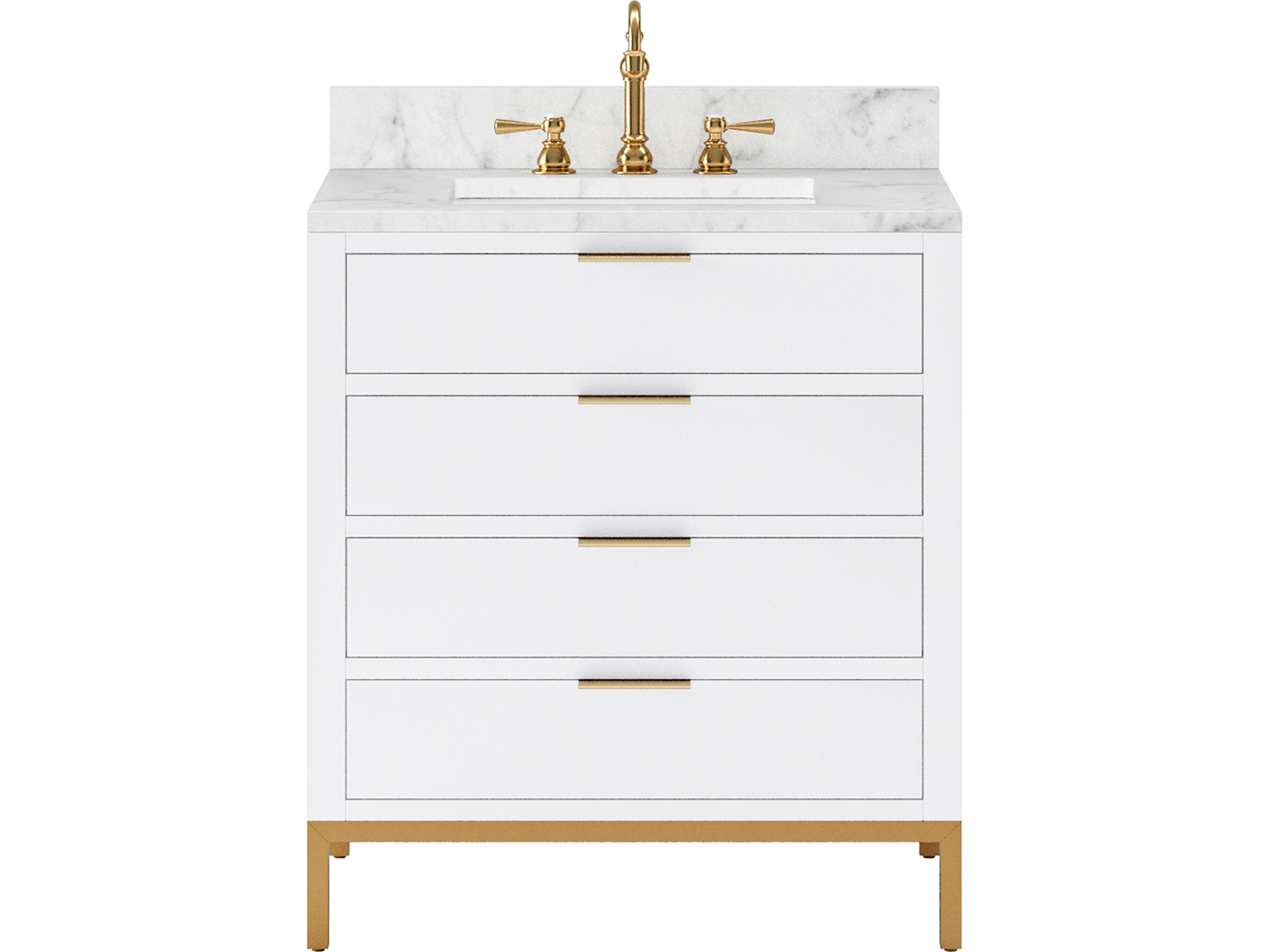 Water Creation Bristol Single Sink Carrara White Marble Countertop Bath Vanity in Pure White with Satin Gold Hook Faucet