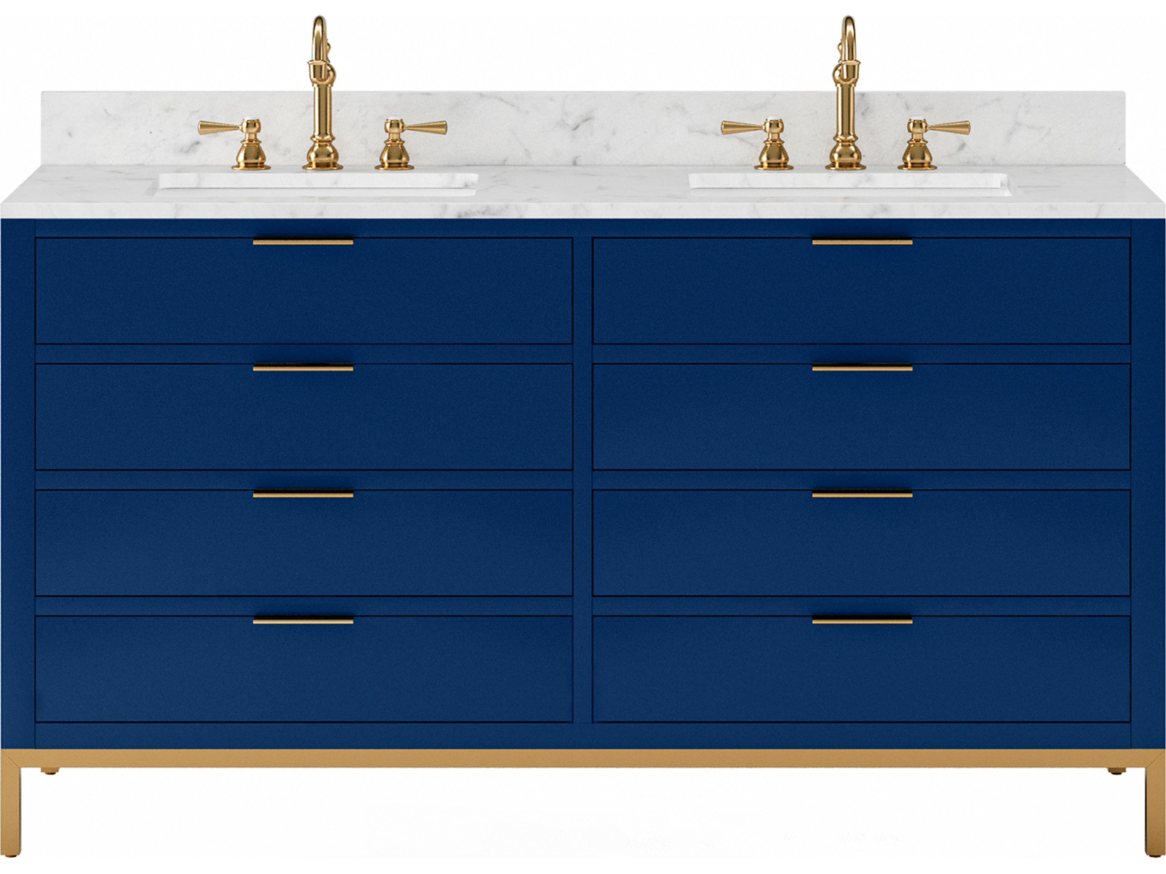 Water Creation Bristol Double Sink Carrara White Marble Countertop Bath Vanity in Monarch Blue