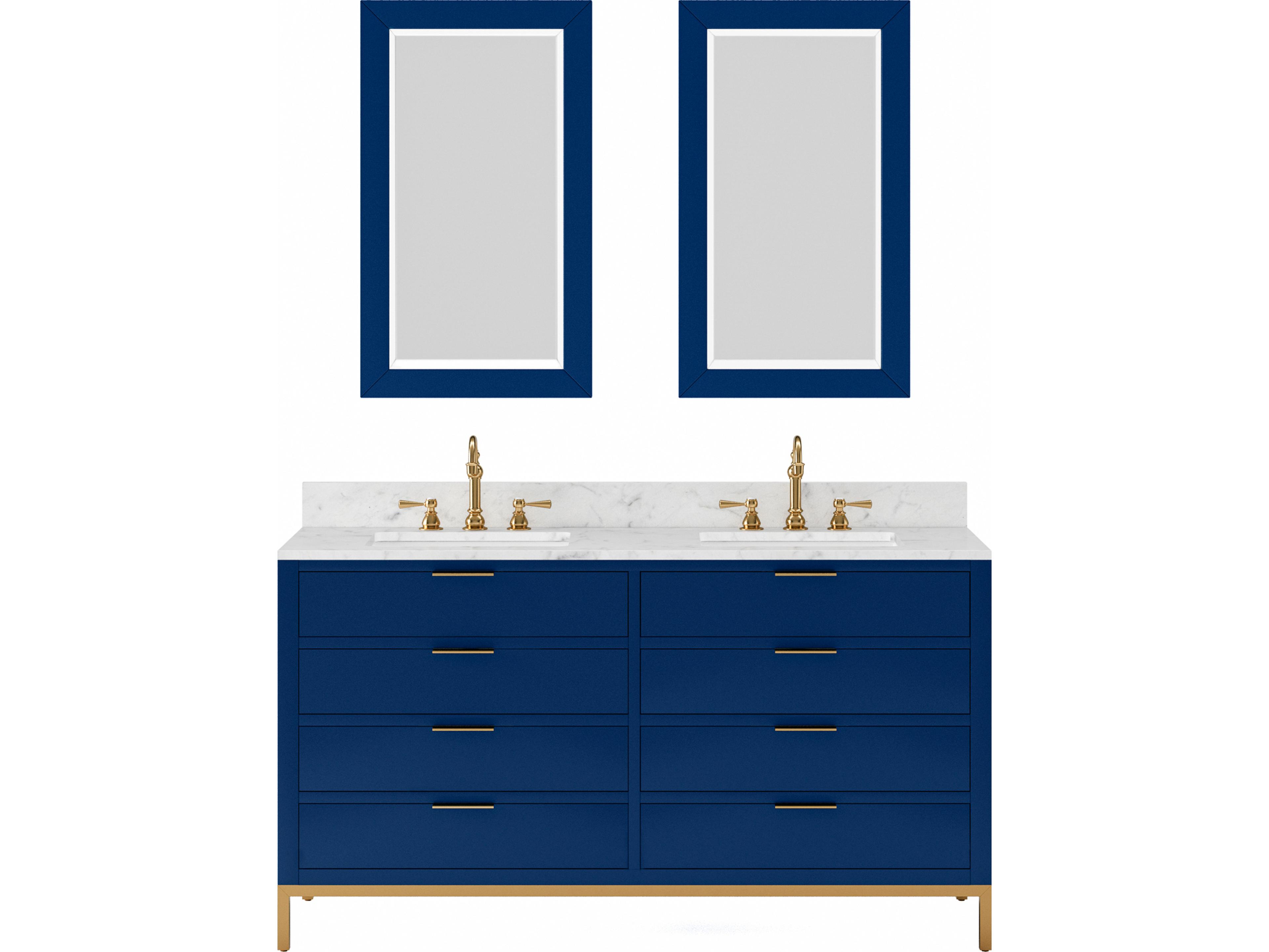Water Creation Bristol Double Sink Carrara White Marble Countertop Bath Vanity in Monarch Blue with Rectangular Mirrors (S)