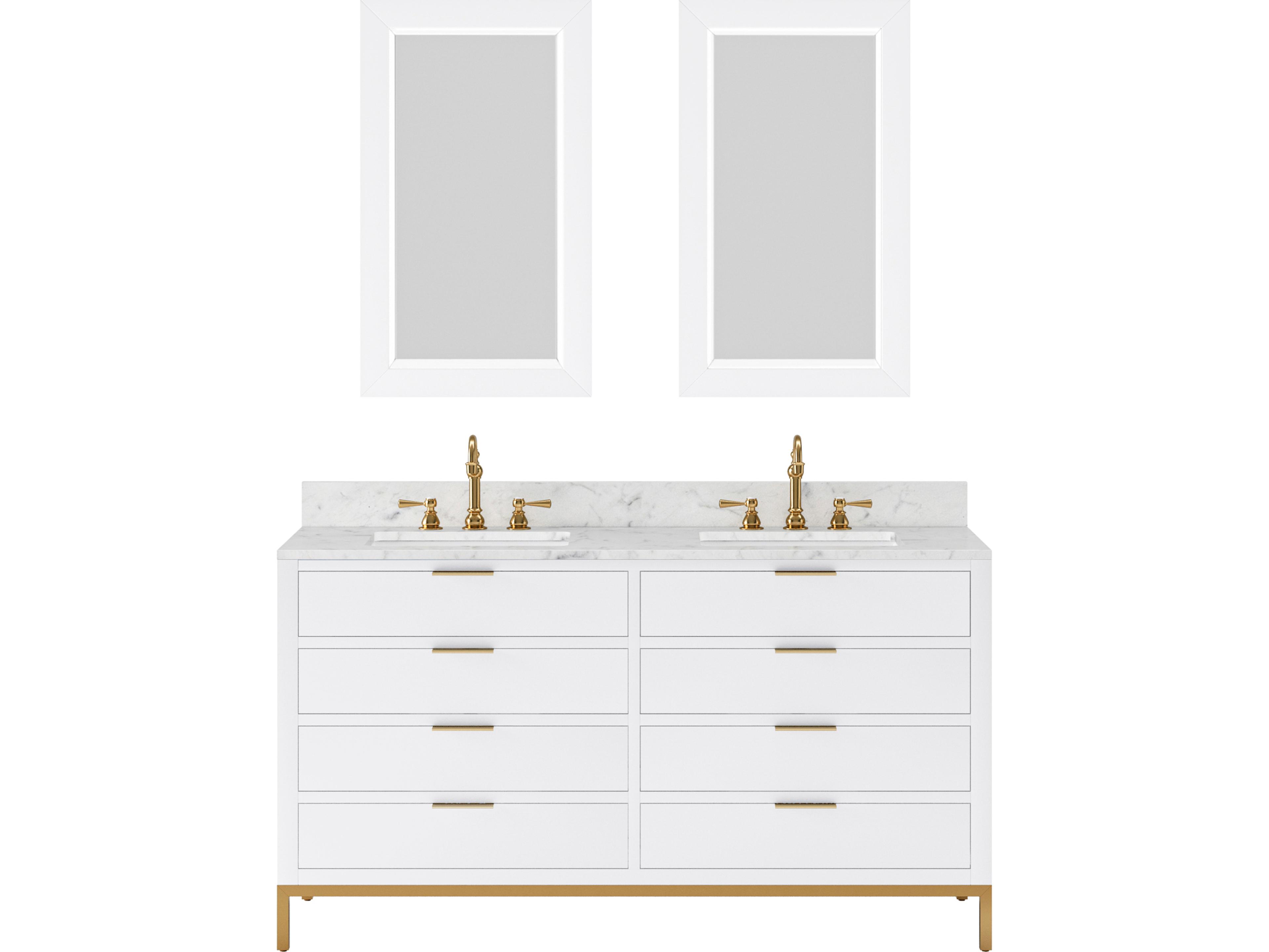 Water Creation Bristol Double Sink Carrara White Marble Countertop Bath Vanity in Pure White with Rectangular Mirrors (S)