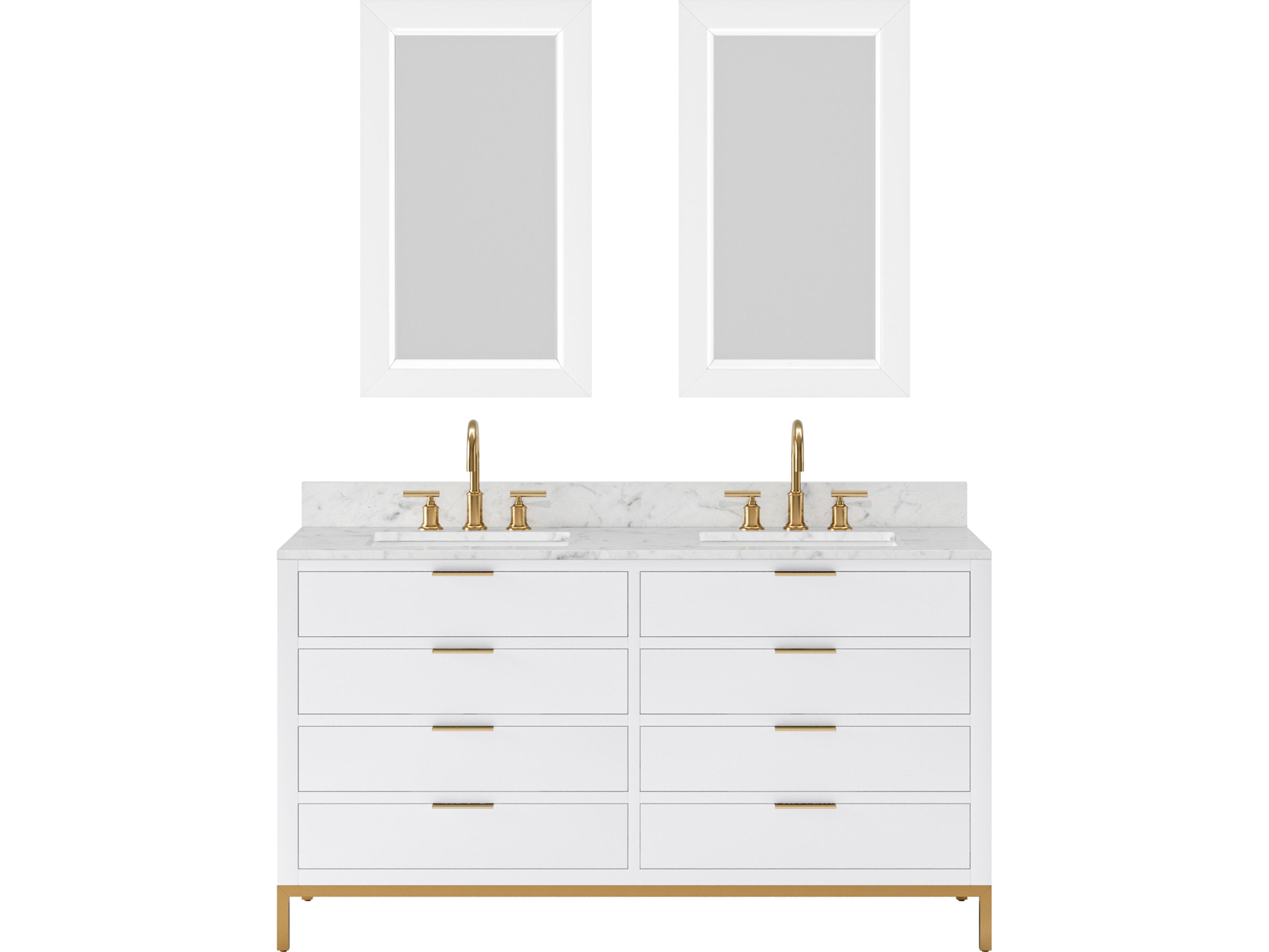 Water Creation Bristol Double Sink Carrara White Marble Countertop Bath Vanity in Pure White with Satin Gold Gooseneck Faucets and Rectangular Mirrors (S)