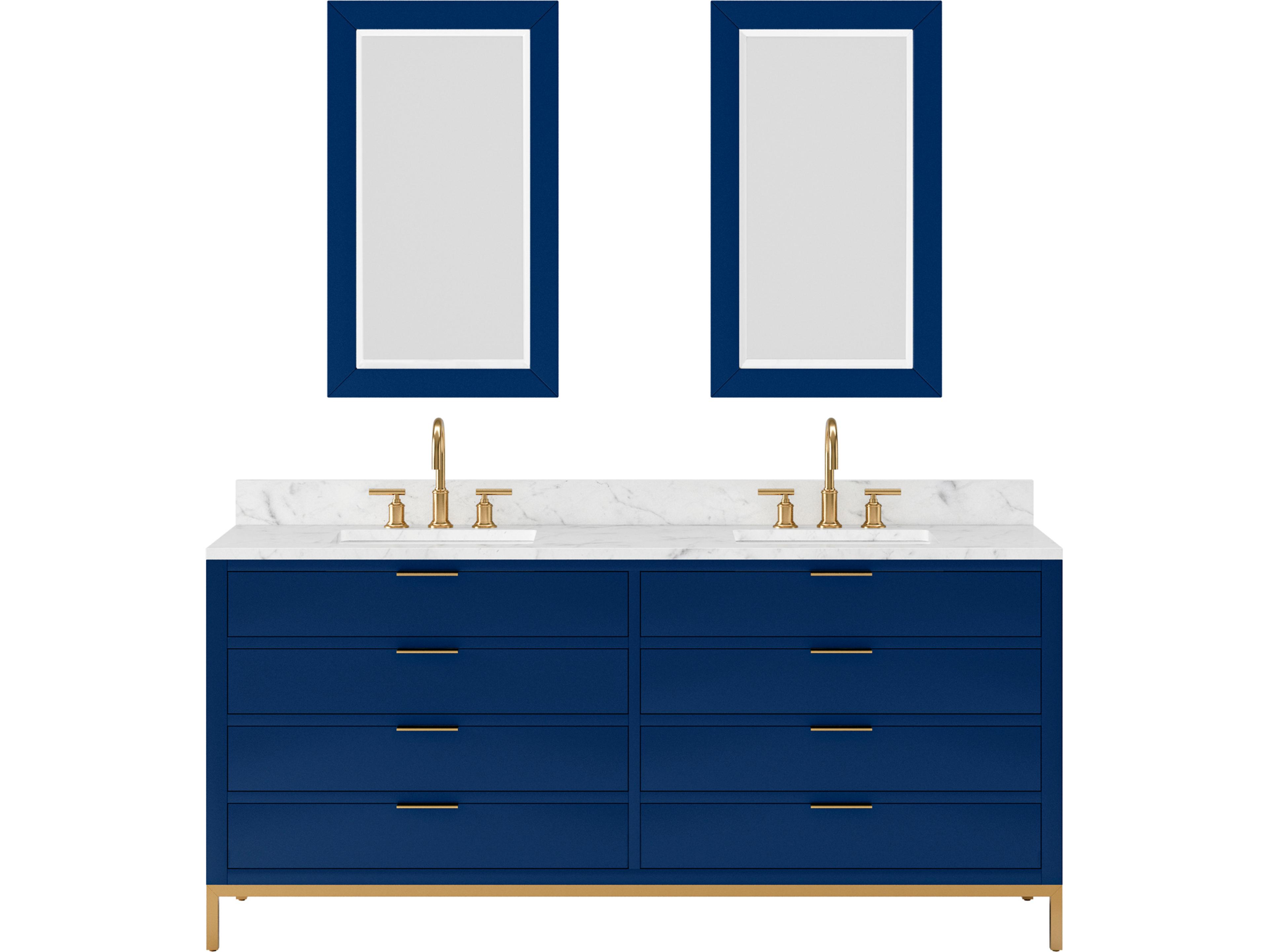 Double Sink Carrara White Marble Countertop Bath Vanity in Monarch Blue with Satin Gold Gooseneck Faucets and Rectangular Mirrors (S)Satin Gold Vanity