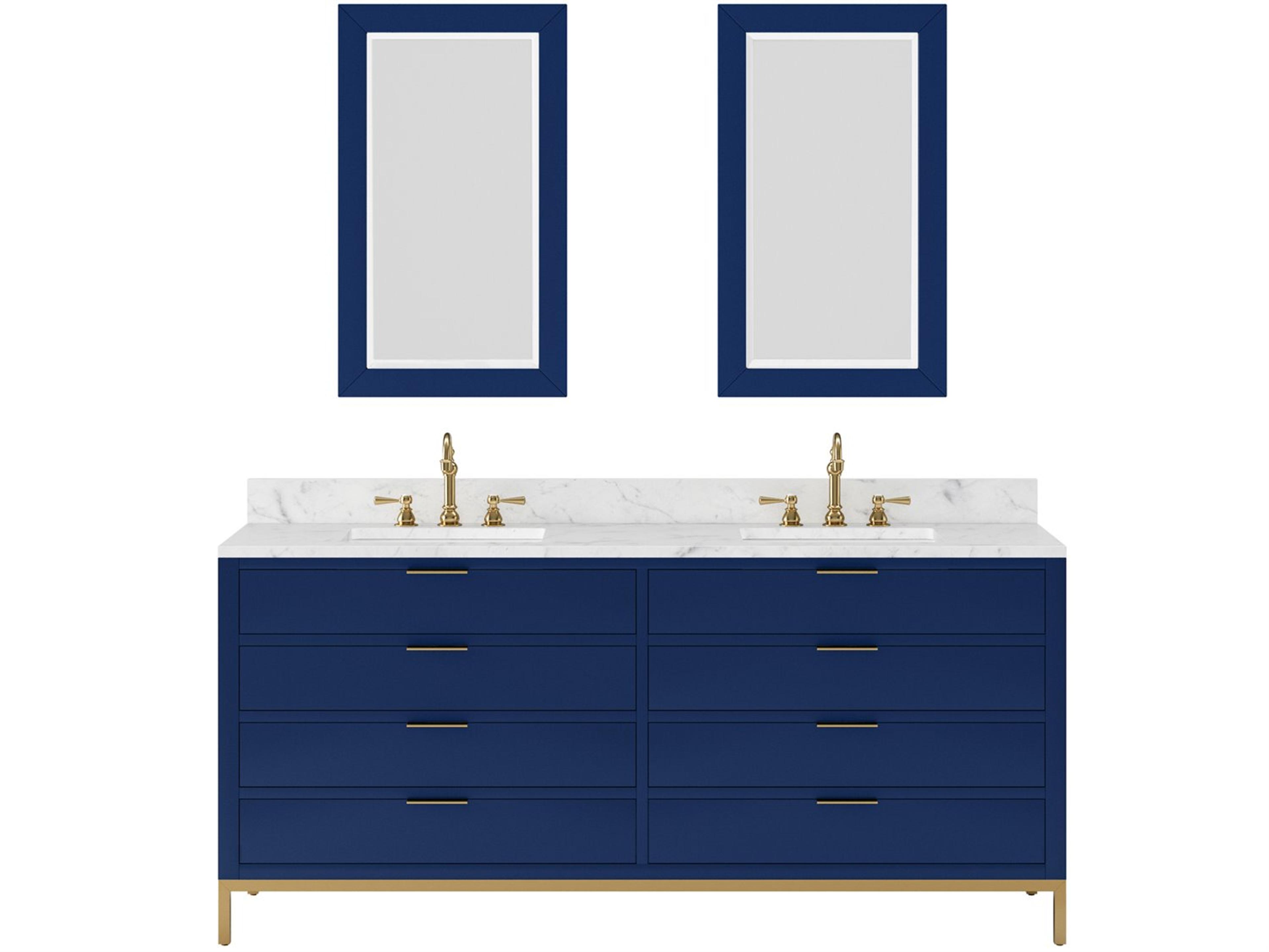 Water Creation Bristol Double Sink Carrara White Marble Countertop Bath Vanity in Monarch Blue with Satin Gold Hook Faucets and Rectangular Mirrors (S)