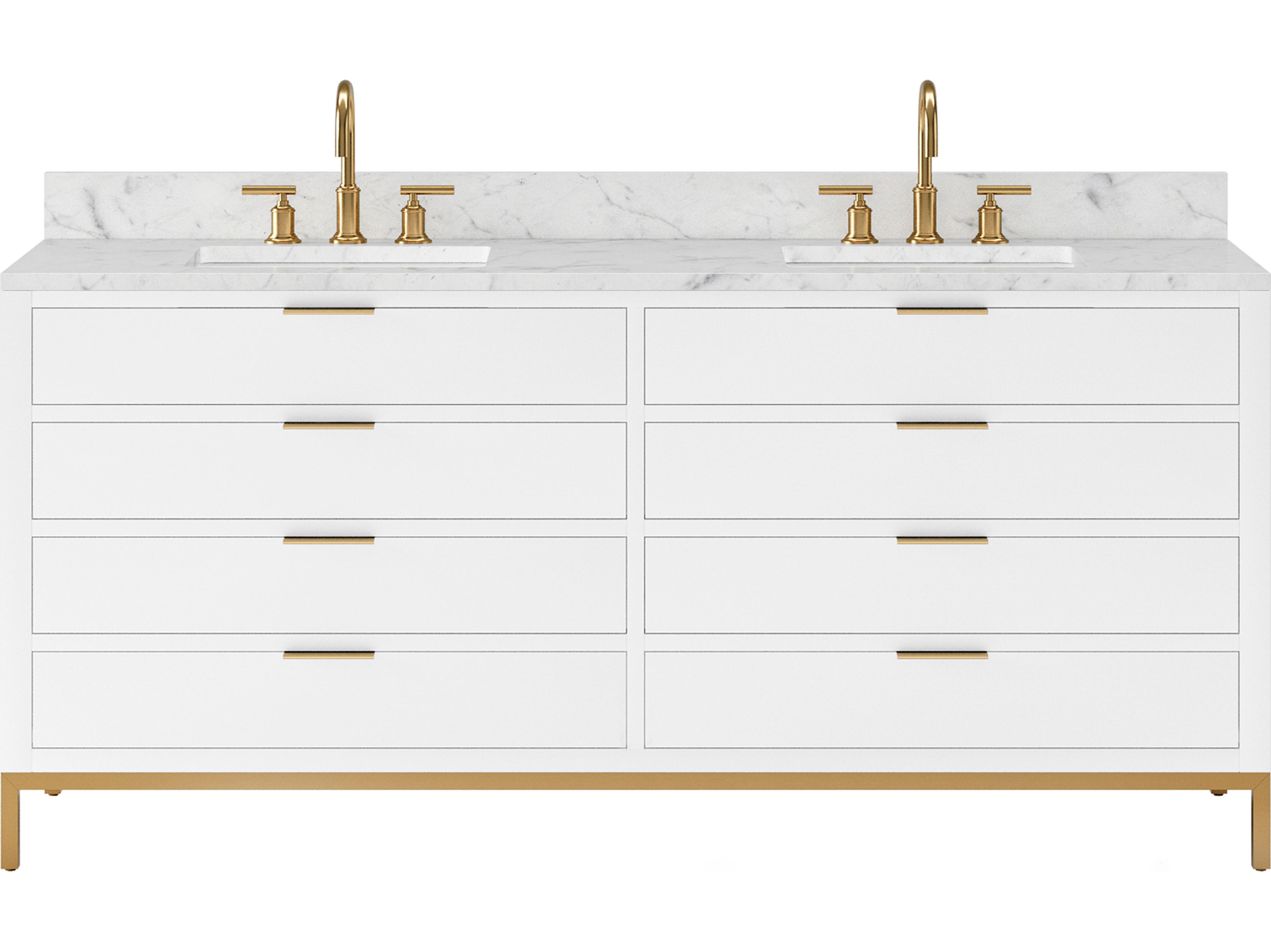 Water Creation Bristol Double Sink Carrara White Marble Countertop Bath Vanity in Pure White with Satin Gold Gooseneck Faucets