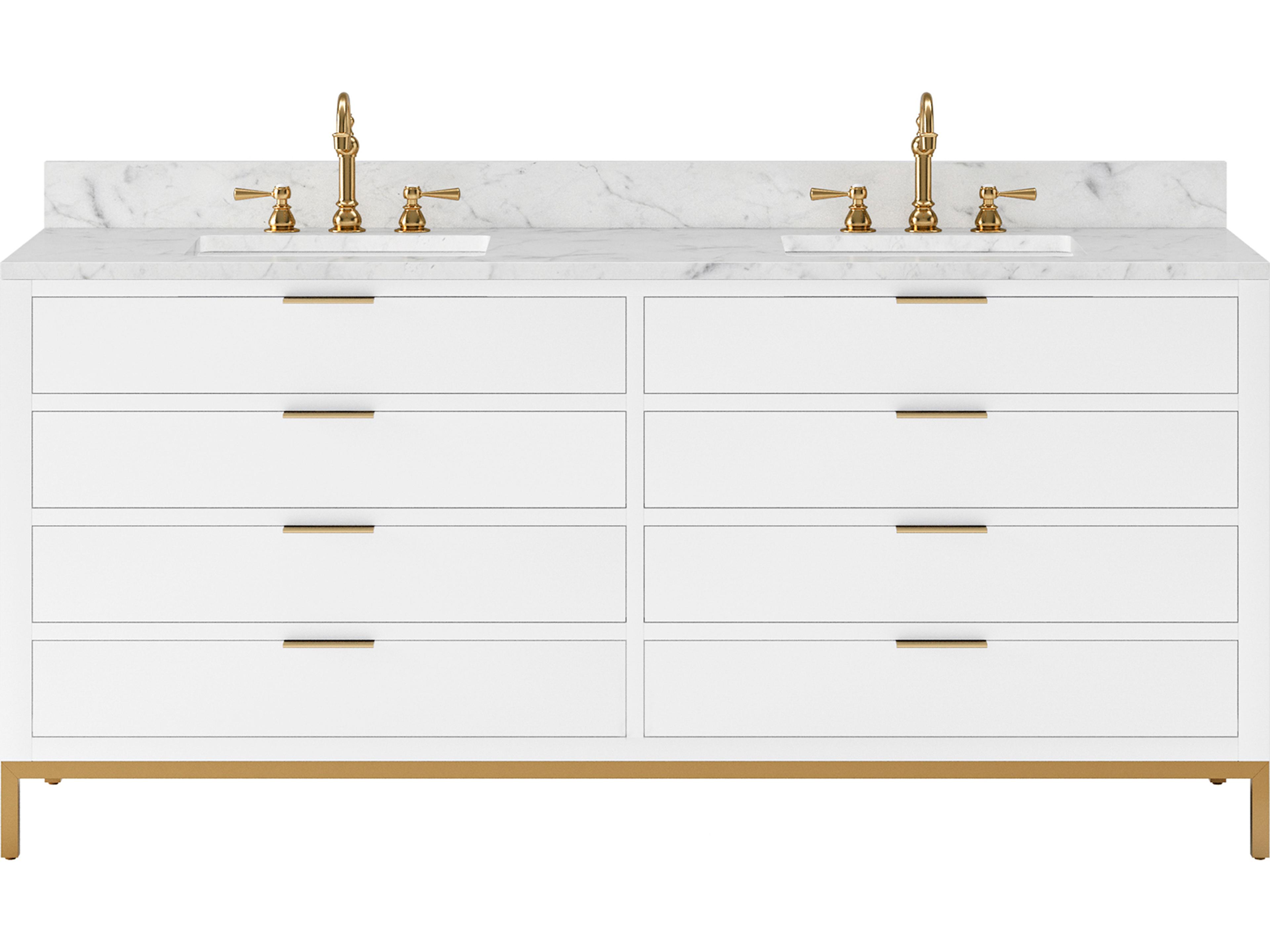 Water Creation Bristol Double Sink Carrara White Marble Countertop Bath Vanity in Pure White with Satin Gold Hook Faucets