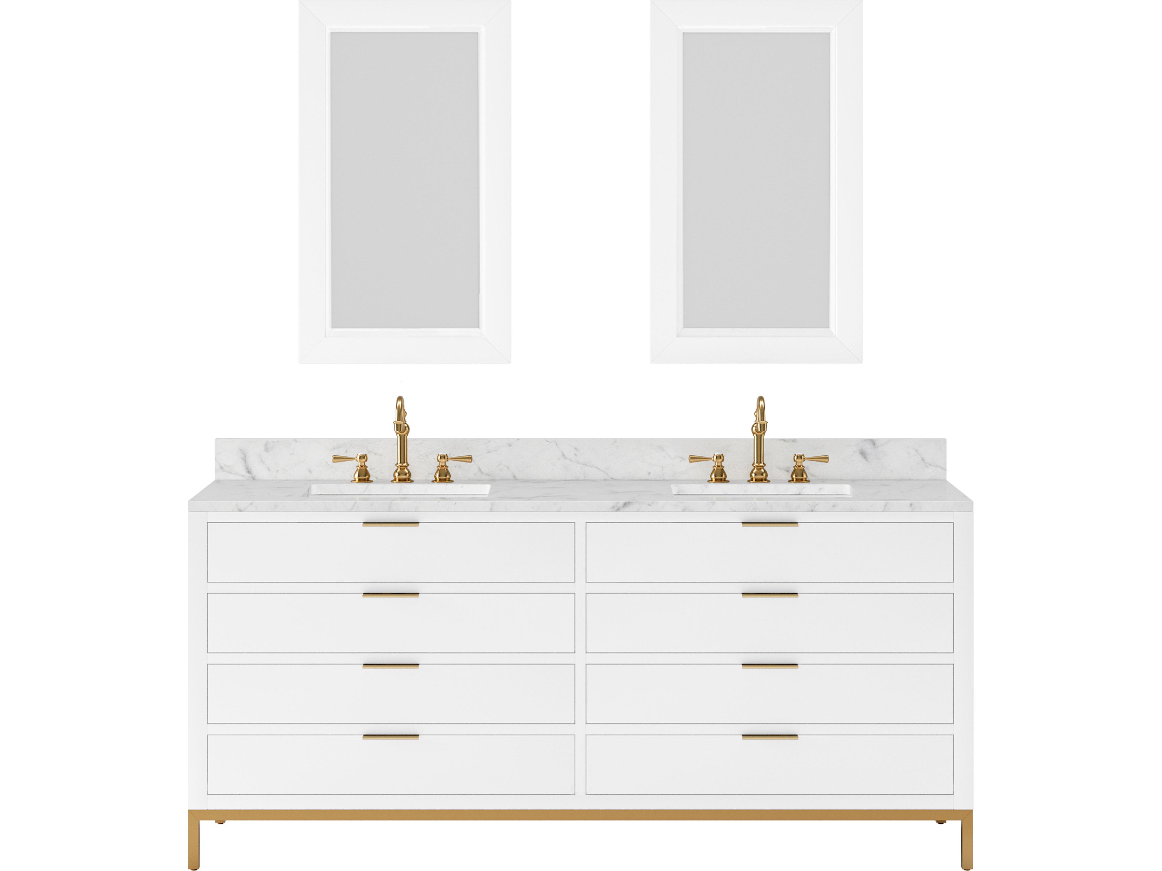 Water Creation Bristol Double Sink Carrara White Marble Countertop Bath Vanity in Pure White with Satin Gold Hook Faucets and Rectangular Mirrors (S)