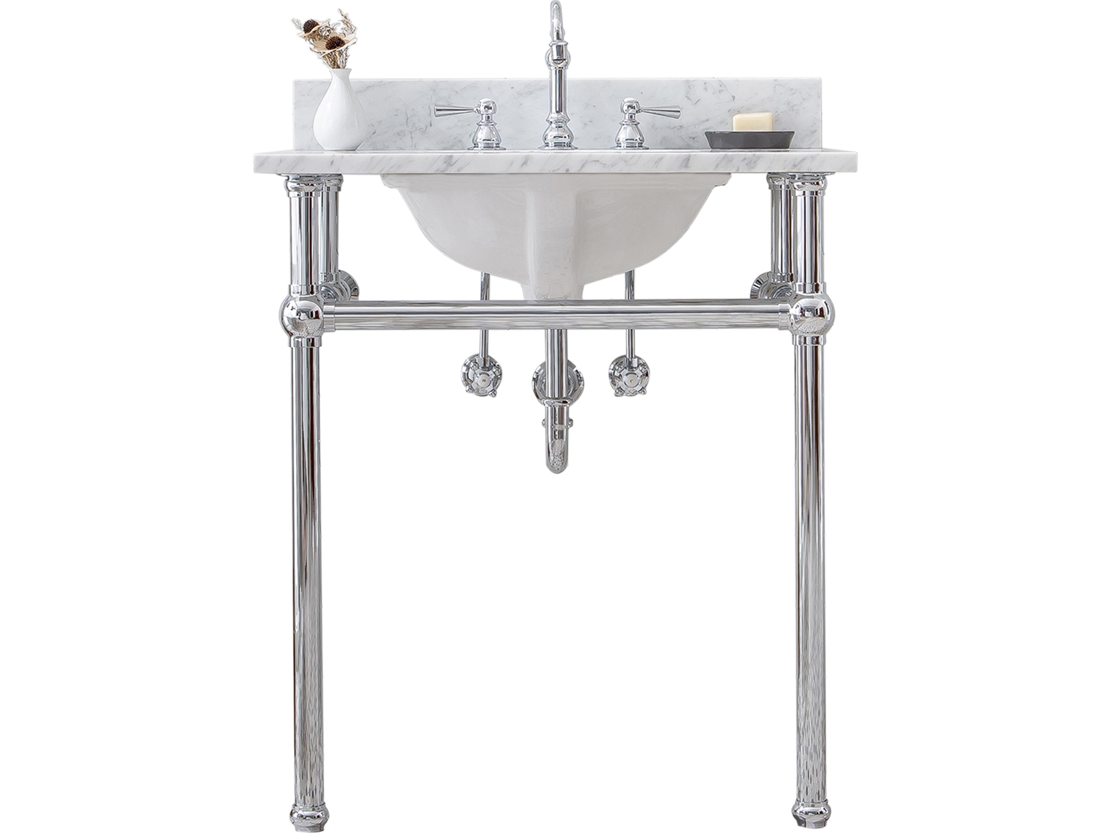 Water Creation Embassy Single Wash Stand, P-Trap, Carrara White Marble Countertop with Oval Basin, and Hook Faucet in Chrome Finish