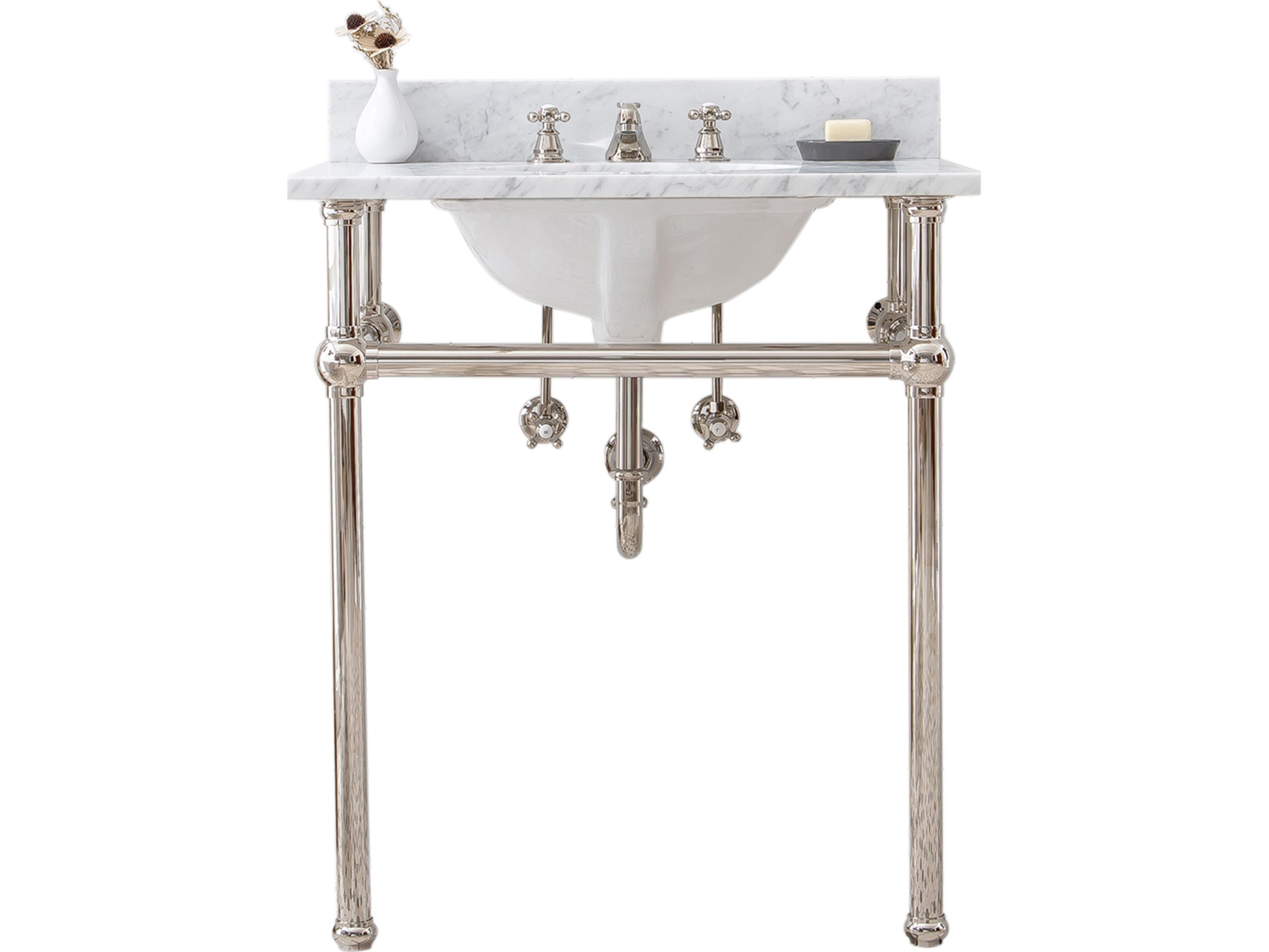 Water Creation Embassy Single Wash Stand, P-Trap, Carrara White Marble Countertop with Oval Basin, and Classic Faucet in Polished Nickel (PVD) Finish