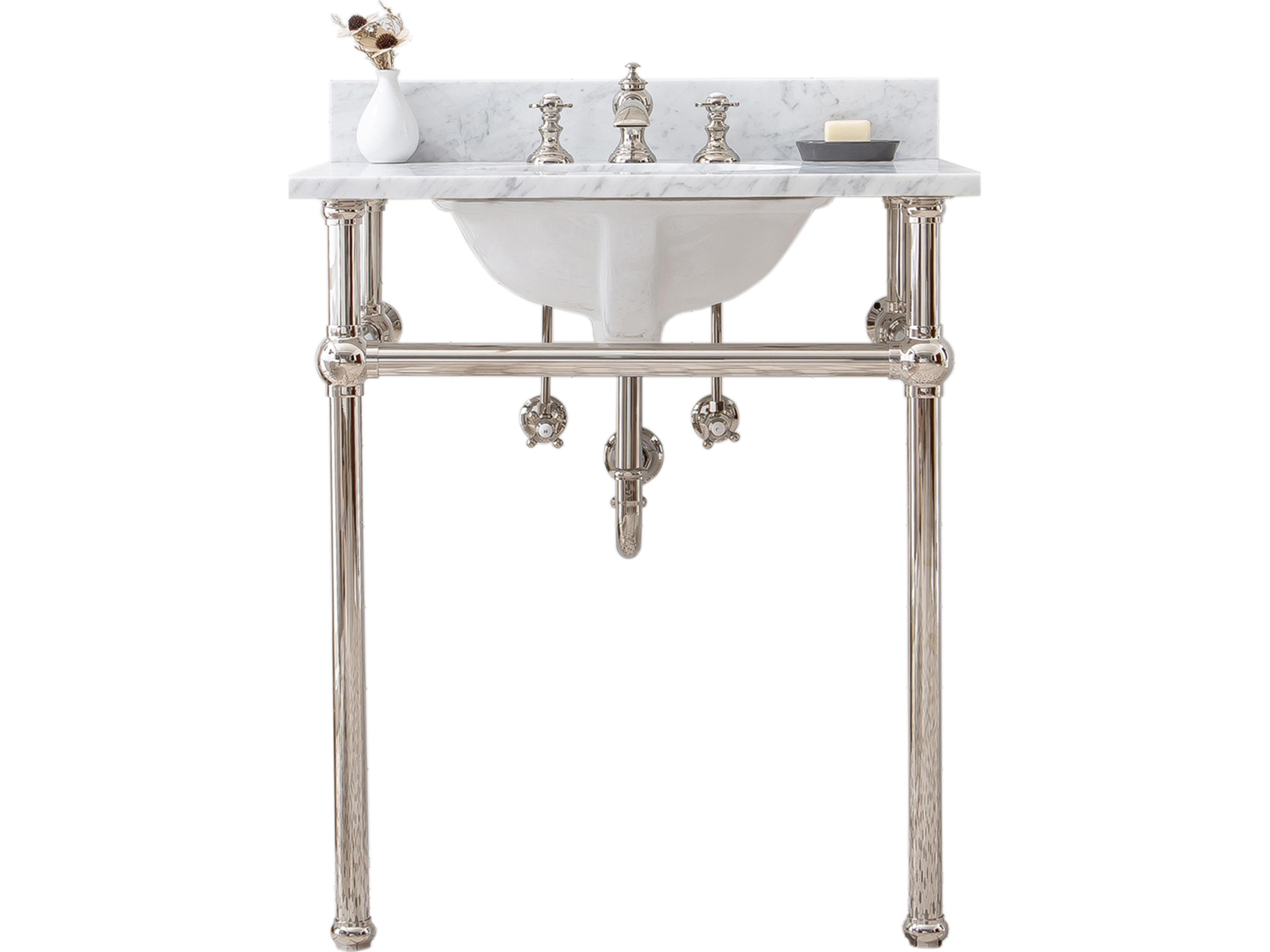 Water Creation Embassy Single Wash Stand, P-Trap, Carrara White Marble Countertop with Oval Basin, and Waterfall Faucet in Polished Nickel (PVD) Finish