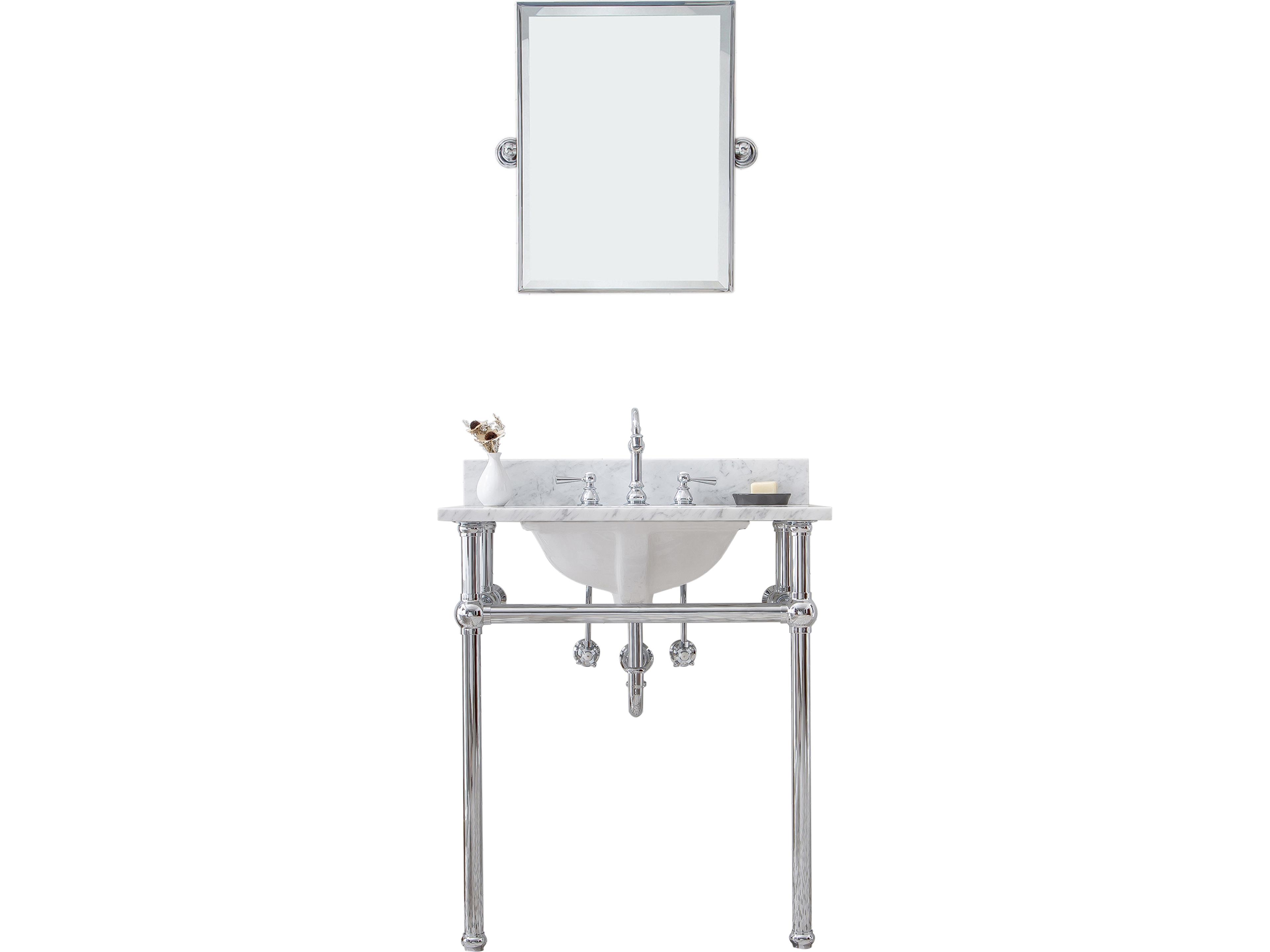 Water Creation Embassy Single Wash Stand, P-Trap, Carrara White Marble Countertop with Oval Basin, Hook Faucet and Rectangular Mirror in Chrome Finish