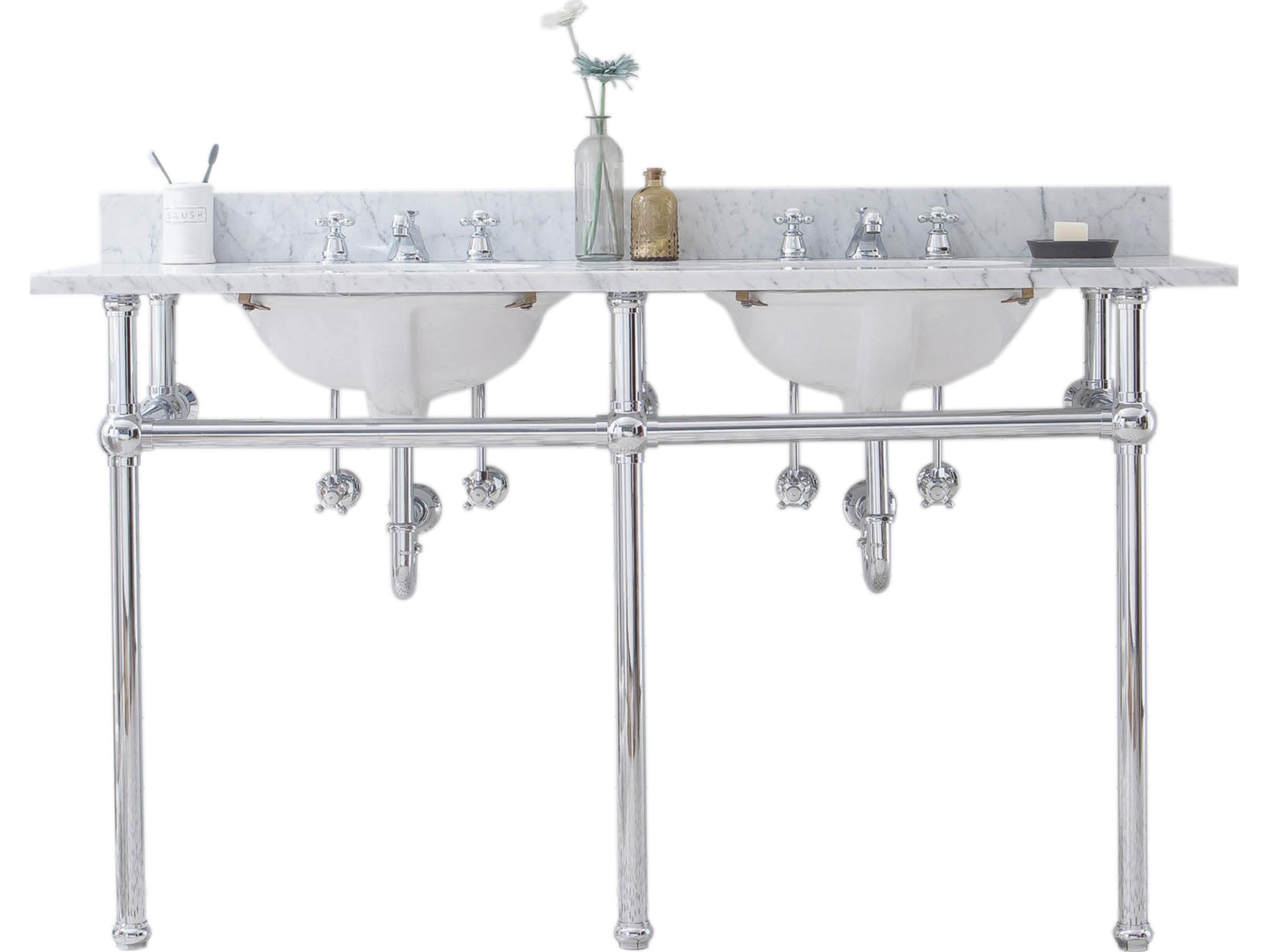 Water Creation Embassy Double Wash Stand, P-Trap, and Carrara White Marble Countertop with Oval Basins in Chrome Finish