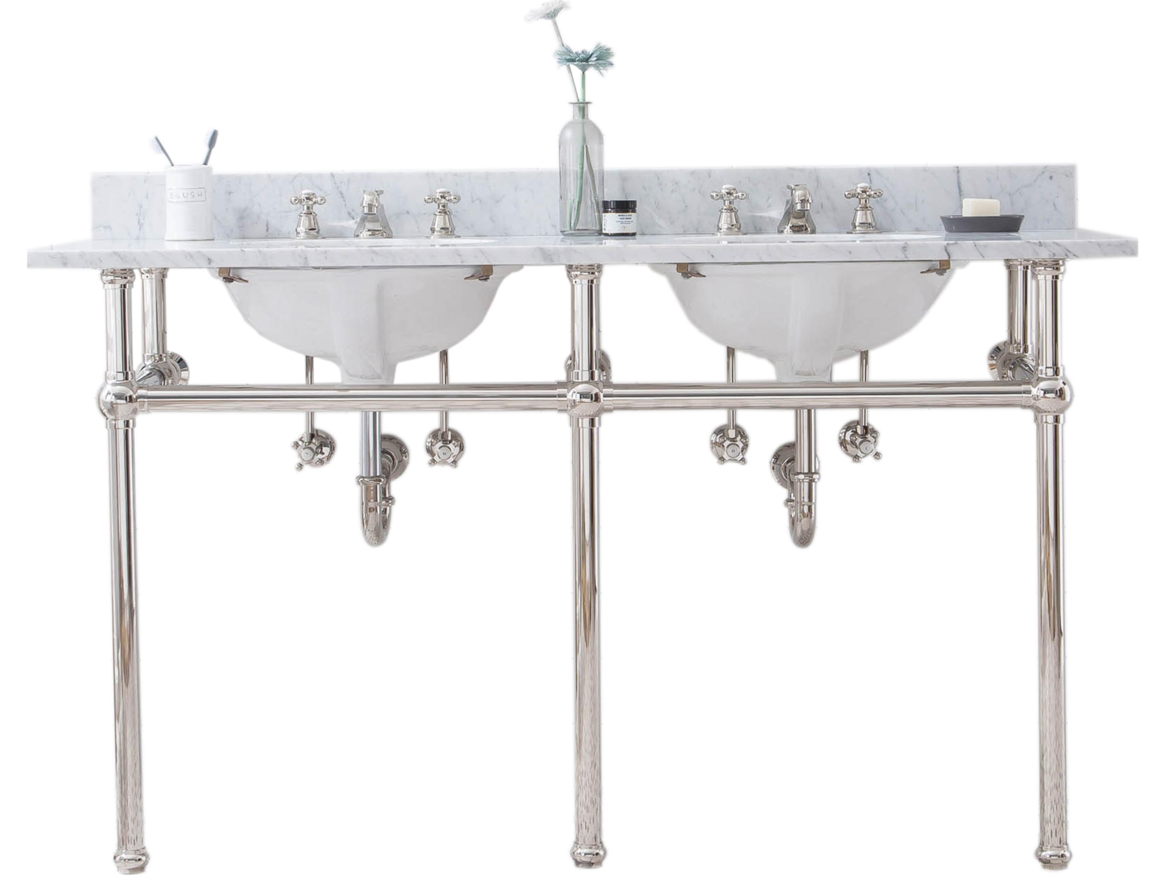 Water Creation Embassy Double Wash Stand, P-Trap, and Carrara White Marble Countertop with Oval Basins in Polished Nickel Finish