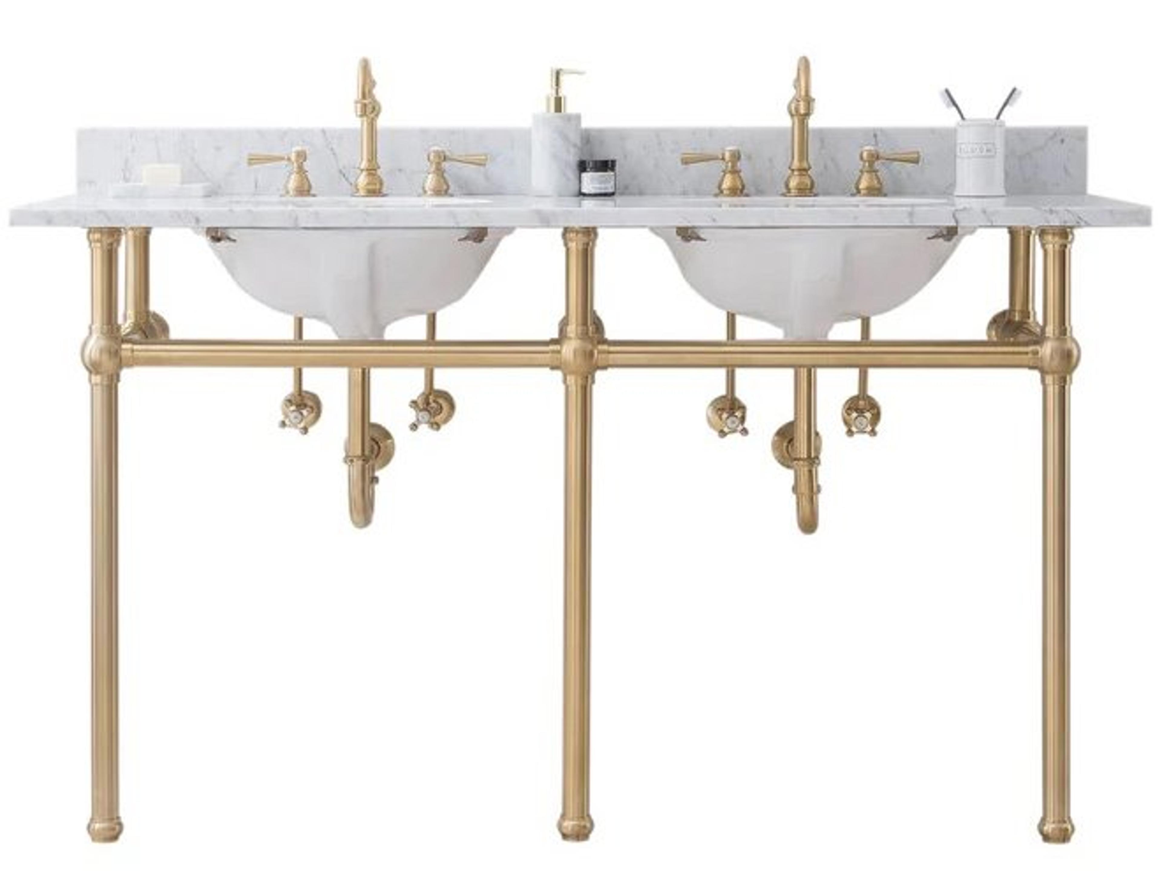 Water Creation Embassy Double Wash Stand, P-Trap, and Carrara White Marble Countertop with Oval Basins in Satin Gold Finish