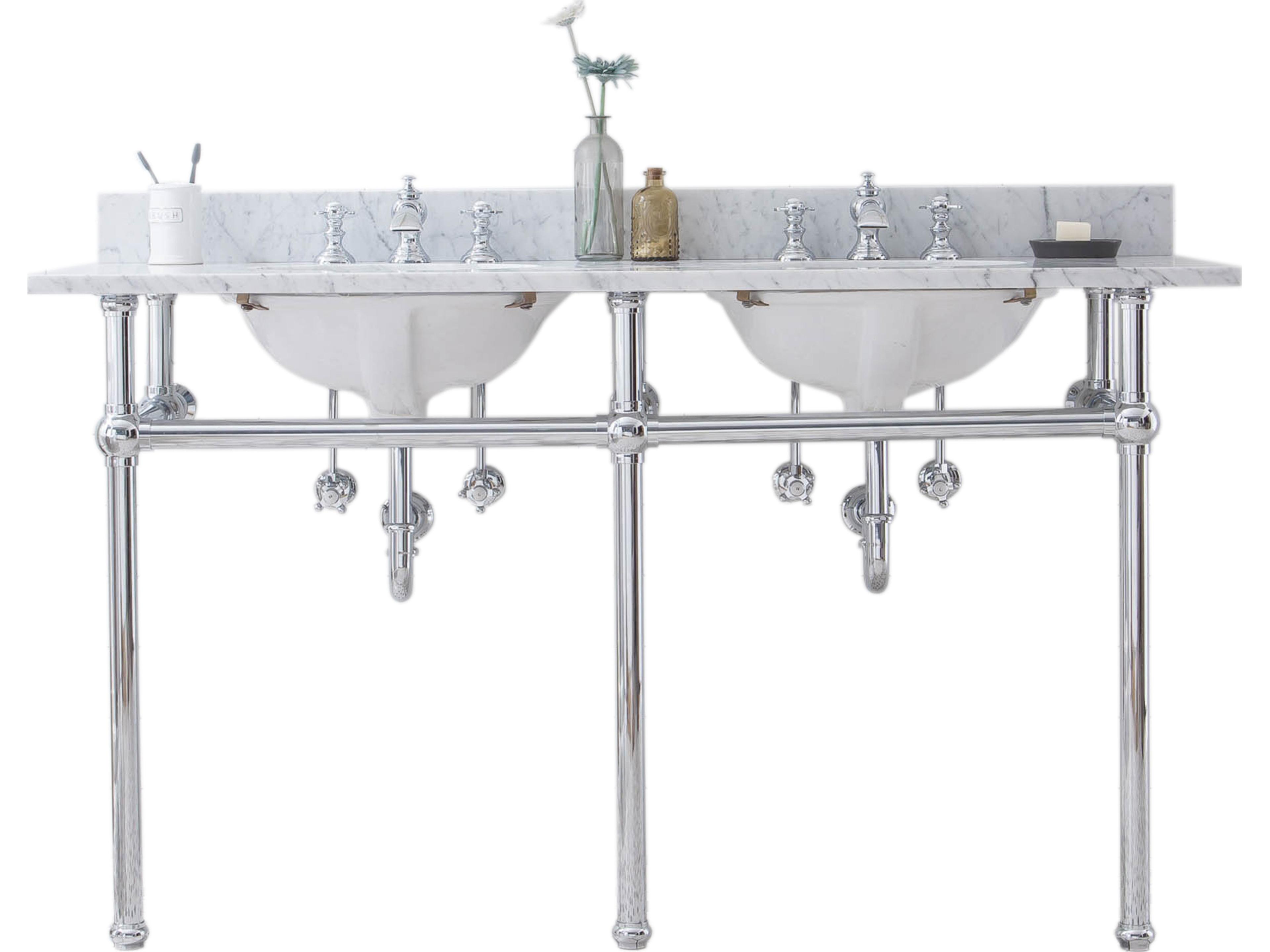 Water Creation Embassy Double Wash Stand, P-Trap, Carrara White Marble Countertop with Oval Basins, and Waterfall Faucets in Chrome Finish