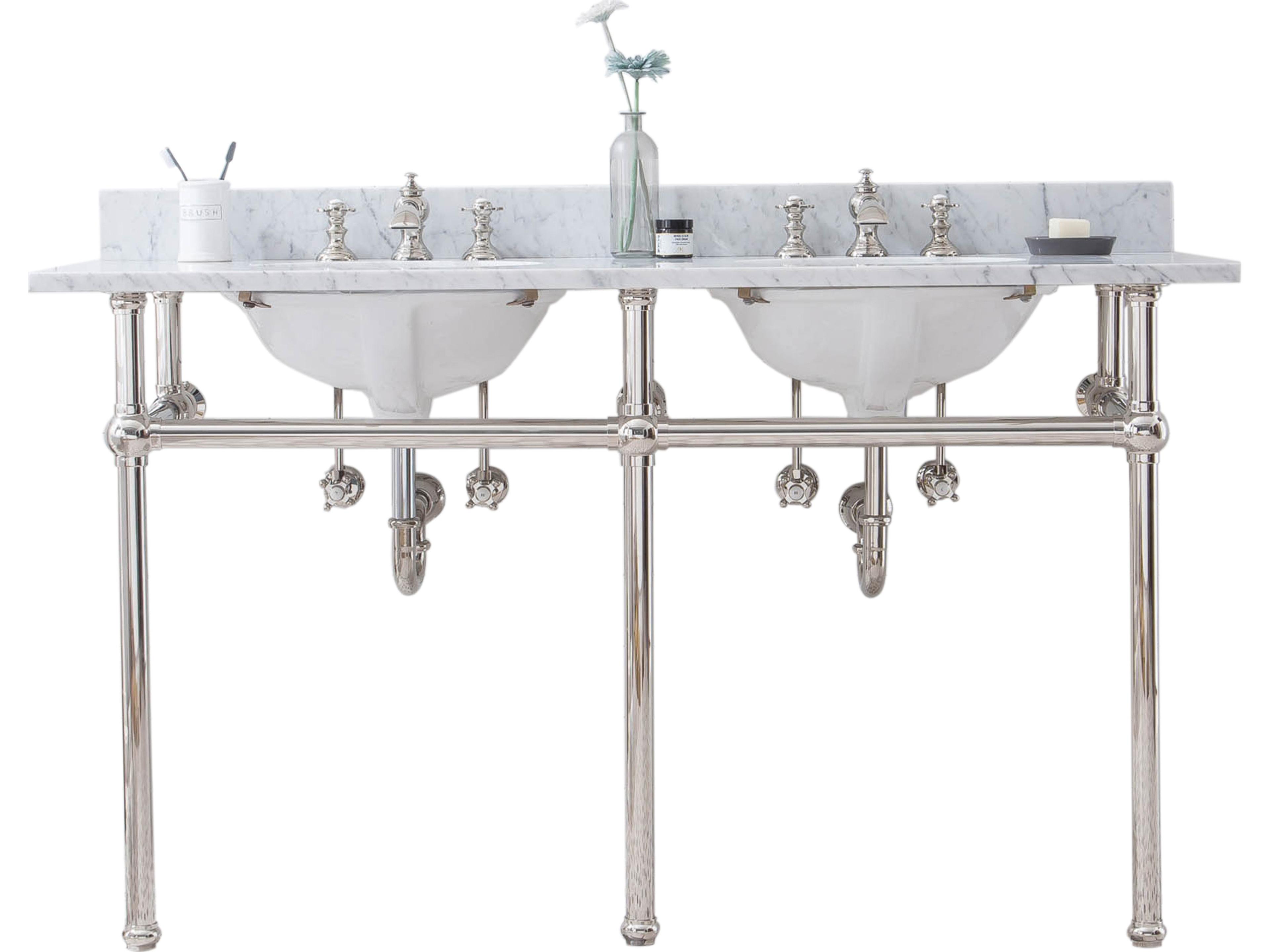 Water Creation Embassy Double Wash Stand, P-Trap, Carrara White Marble Countertop with Oval Basins, and Waterfall Faucets in Polished Nickel (PVD) Finish