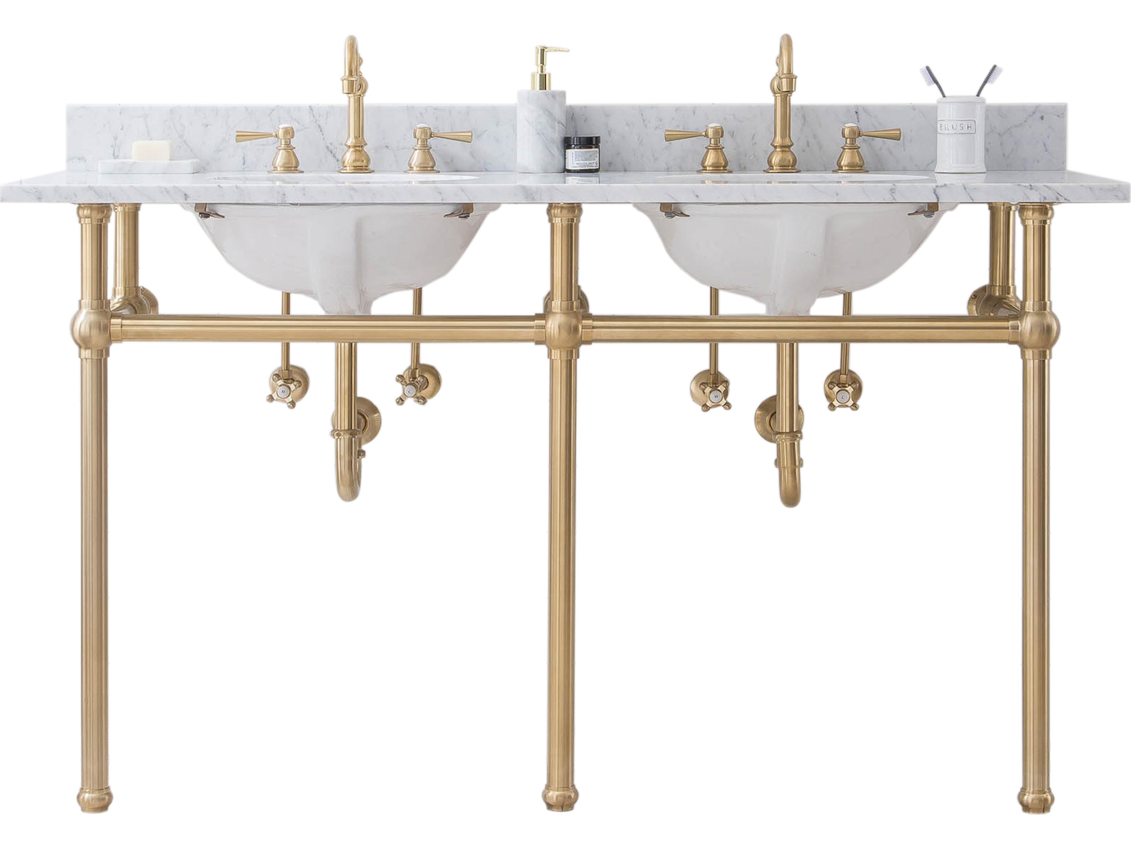Water Creation Embassy Double Wash Stand, P-Trap, Carrara White Marble Countertop with Oval Basins, and Hook Faucets in Satin Gold Finish