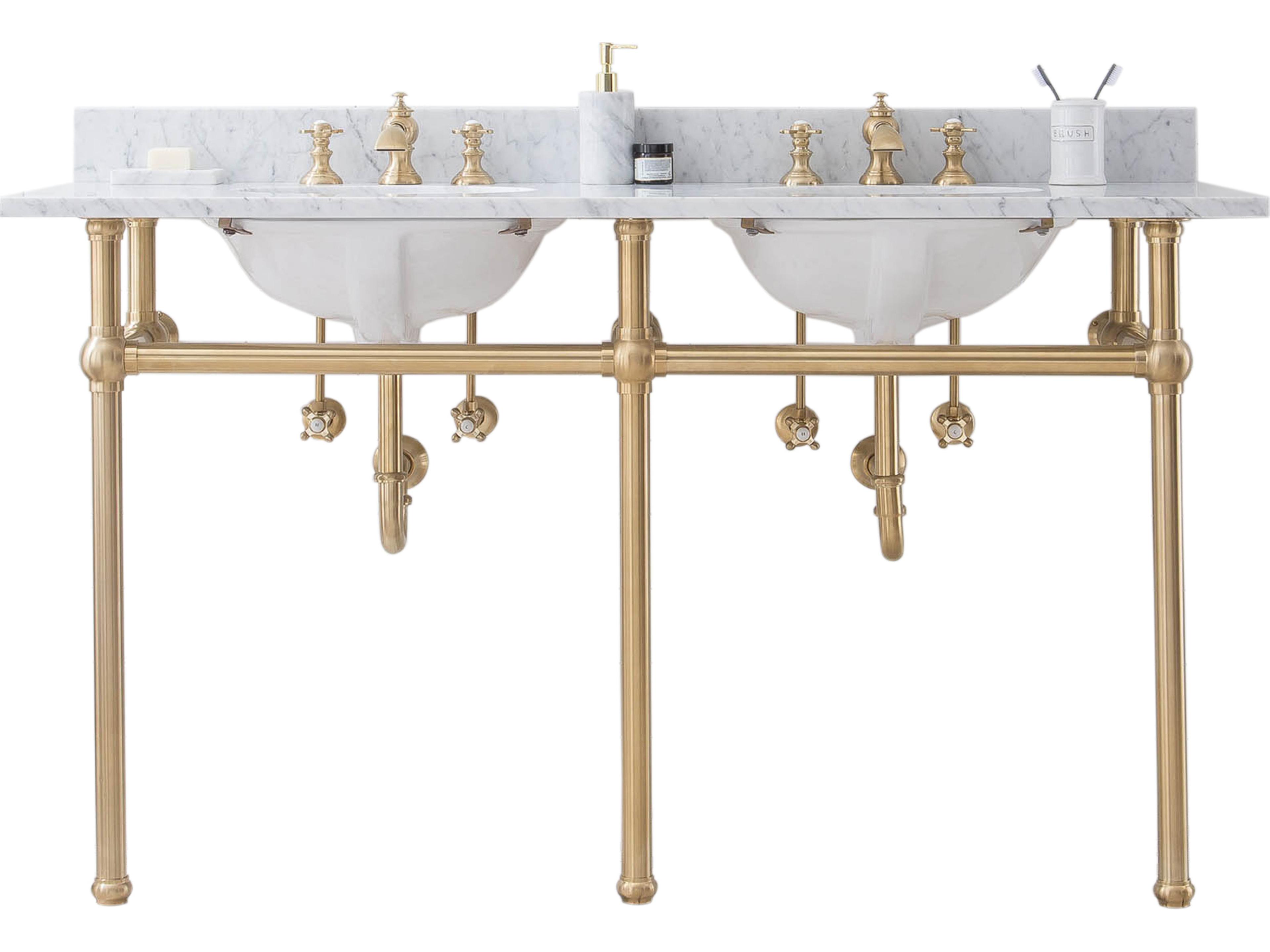 Water Creation Embassy Double Wash Stand, P-Trap, Carrara White Marble Countertop with Oval Basins, and Waterfall Faucets in Satin Gold Finish