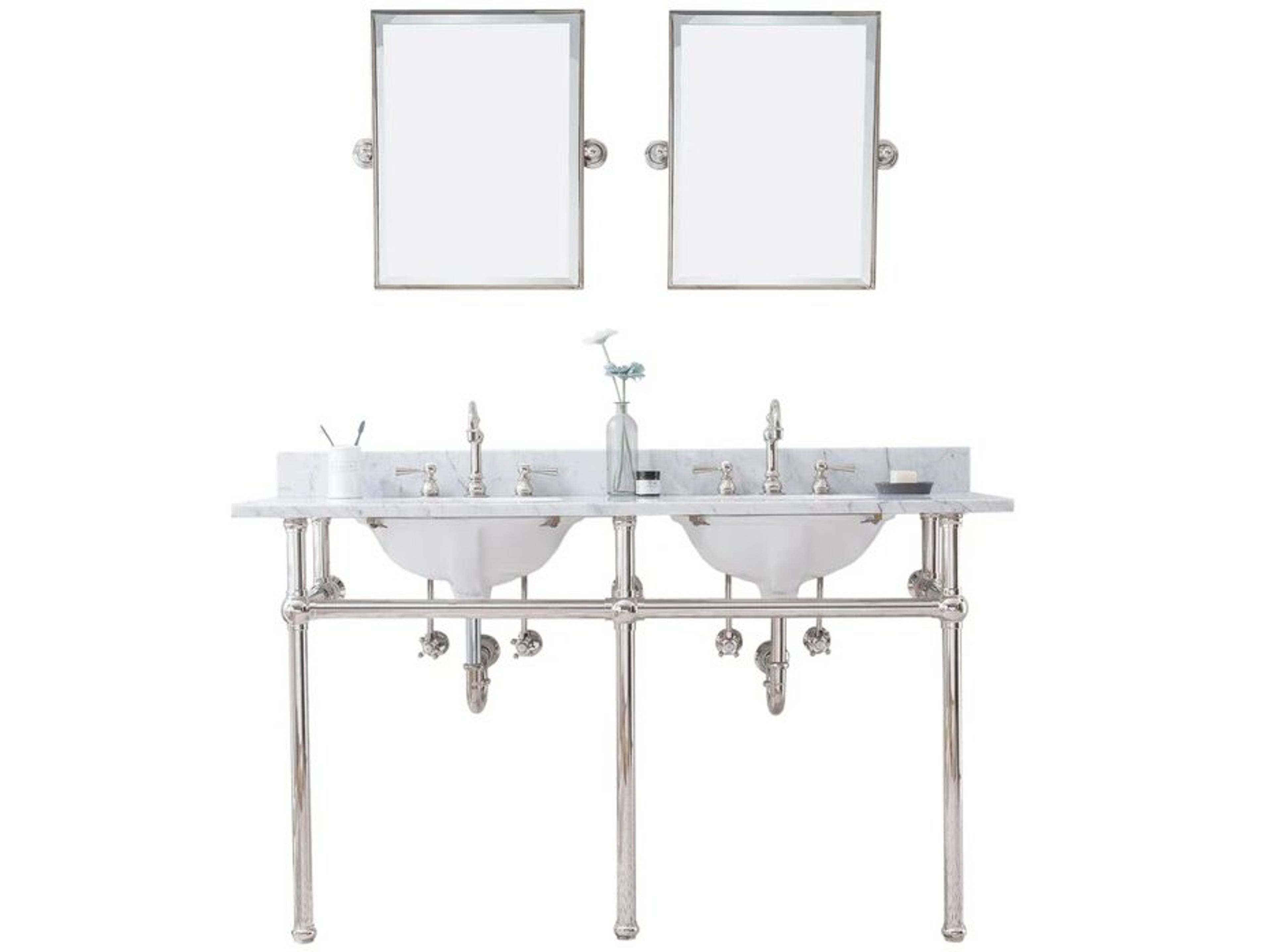 Water Creation Embassy Double Wash Stand, P-Trap, Carrara White Marble Countertop with Oval Basins, Hook Faucets and Rectangular Pivot Mirrors in Polished Nickel (PVD) Finish