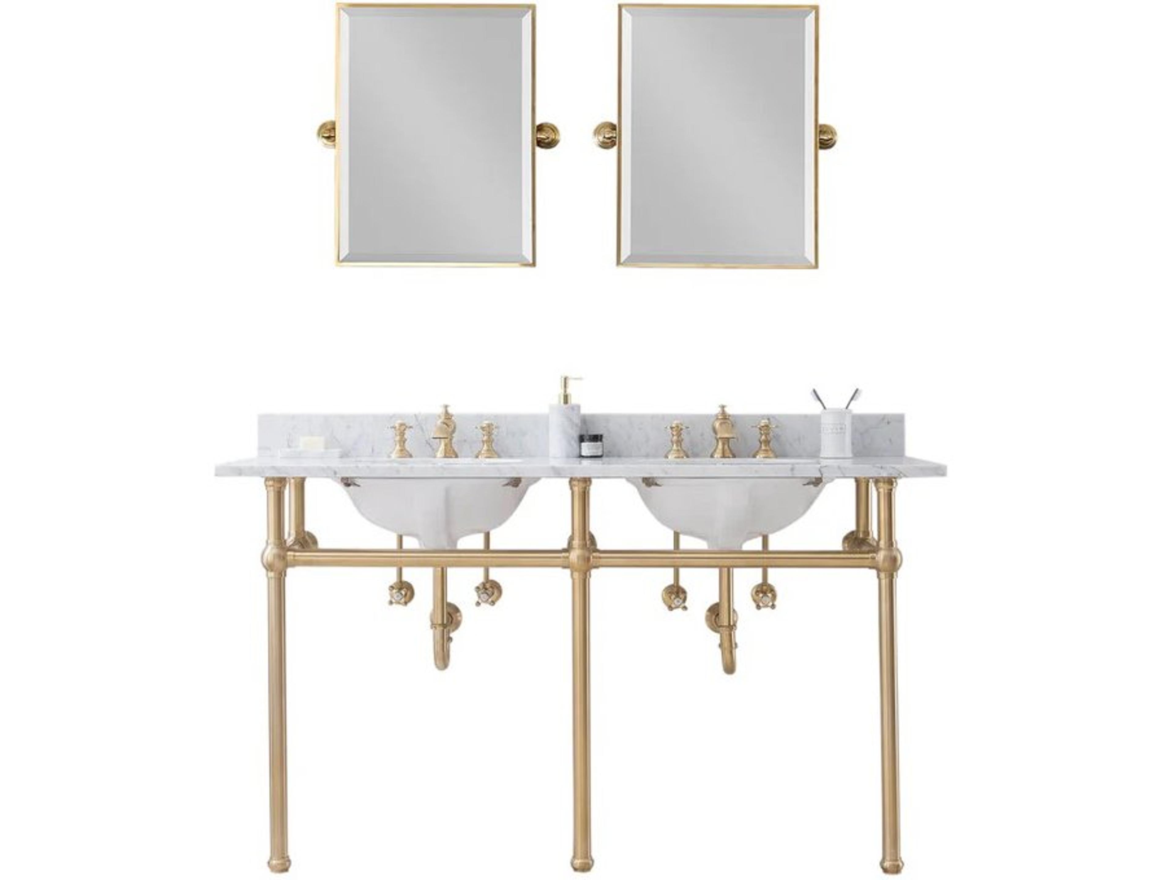 Water Creation Embassy Double Wash Stand, P-Trap, Carrara White Marble Countertop with Oval Basins, Waterfall Faucets and Rectangular Pivot Mirrors in Satin Gold Finish
