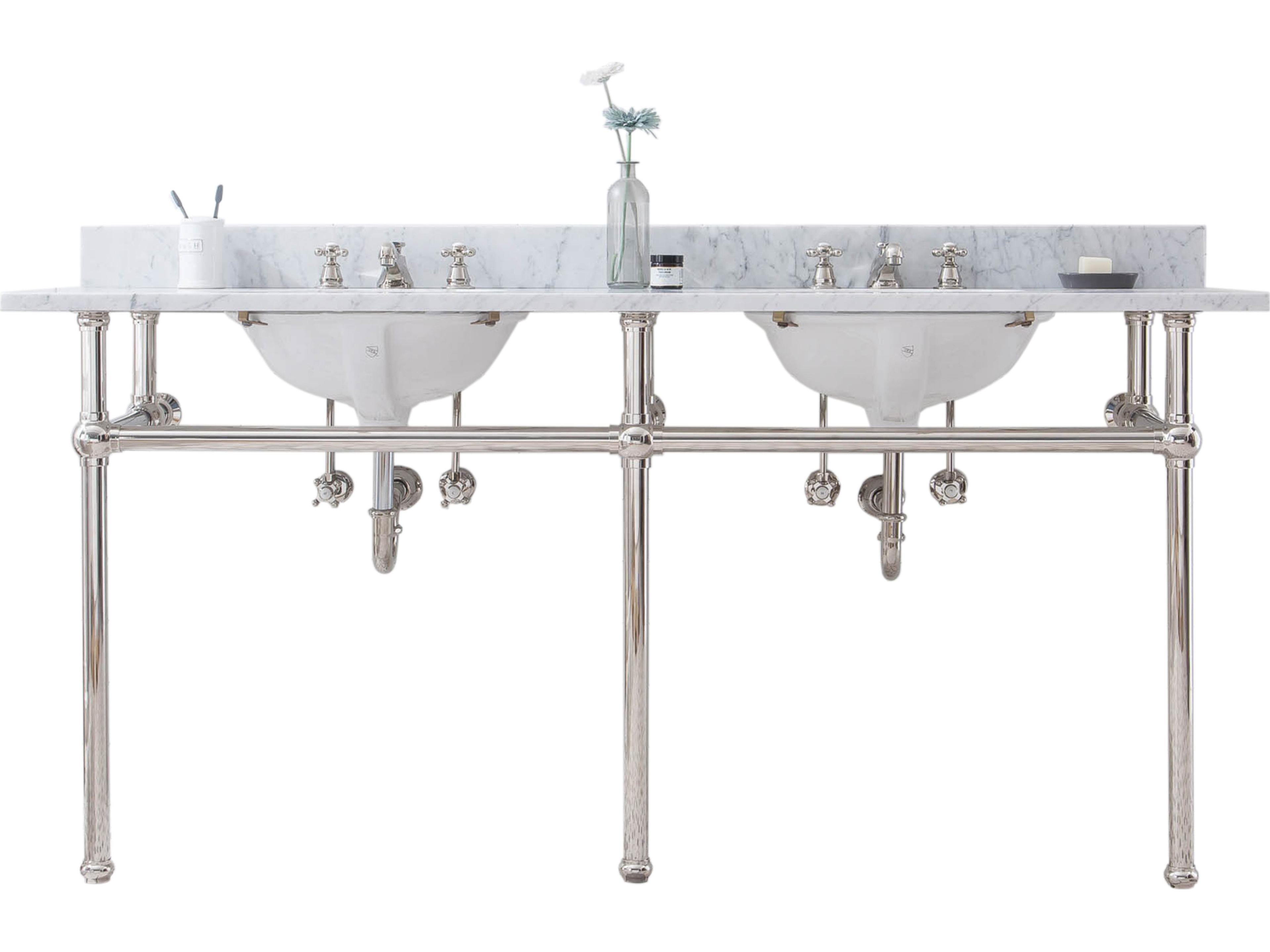 Water Creation Embassy Double Wash Stand, P-Trap, and Carrara White Marble Countertop with Oval Basins in Polished Nickel Finish