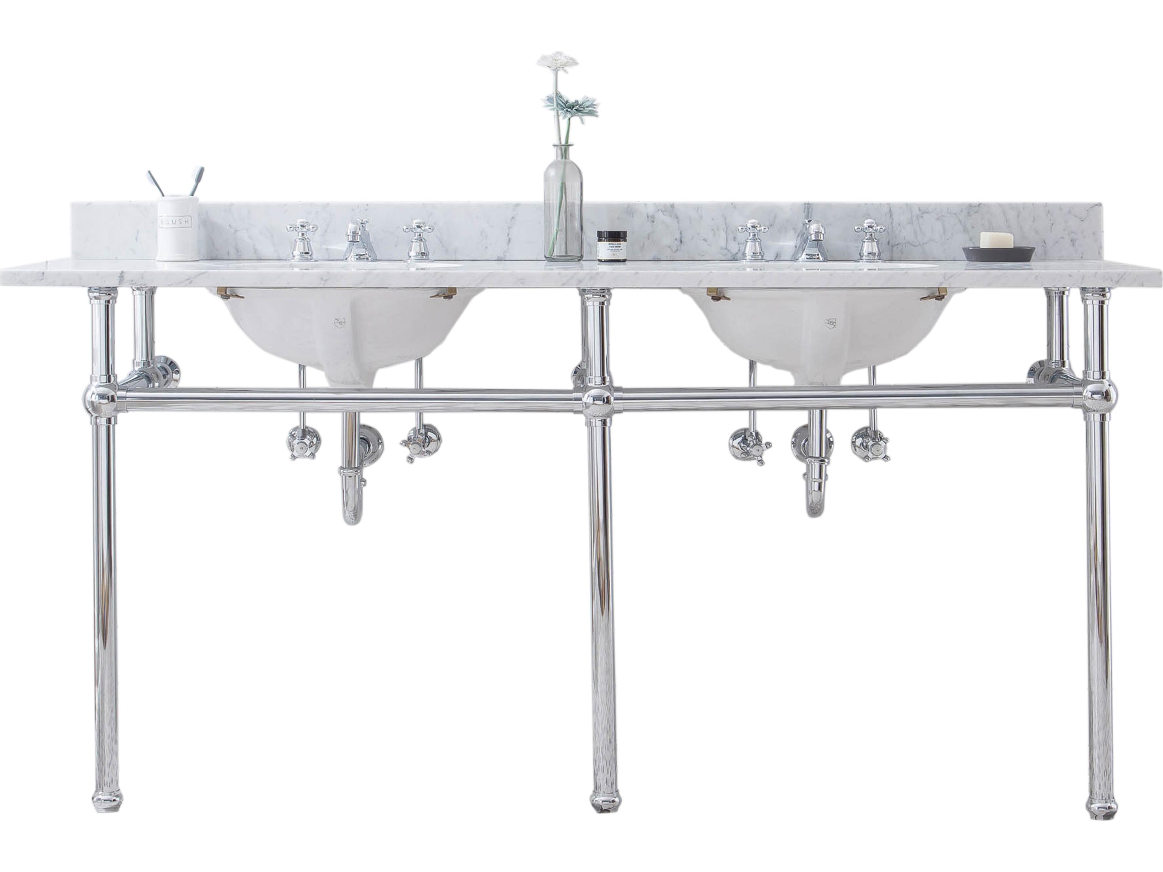 Water Creation Embassy Double Wash Stand, P-Trap, Carrara White Marble Countertop with Oval Basins, and Classic Faucets in Chrome Finish