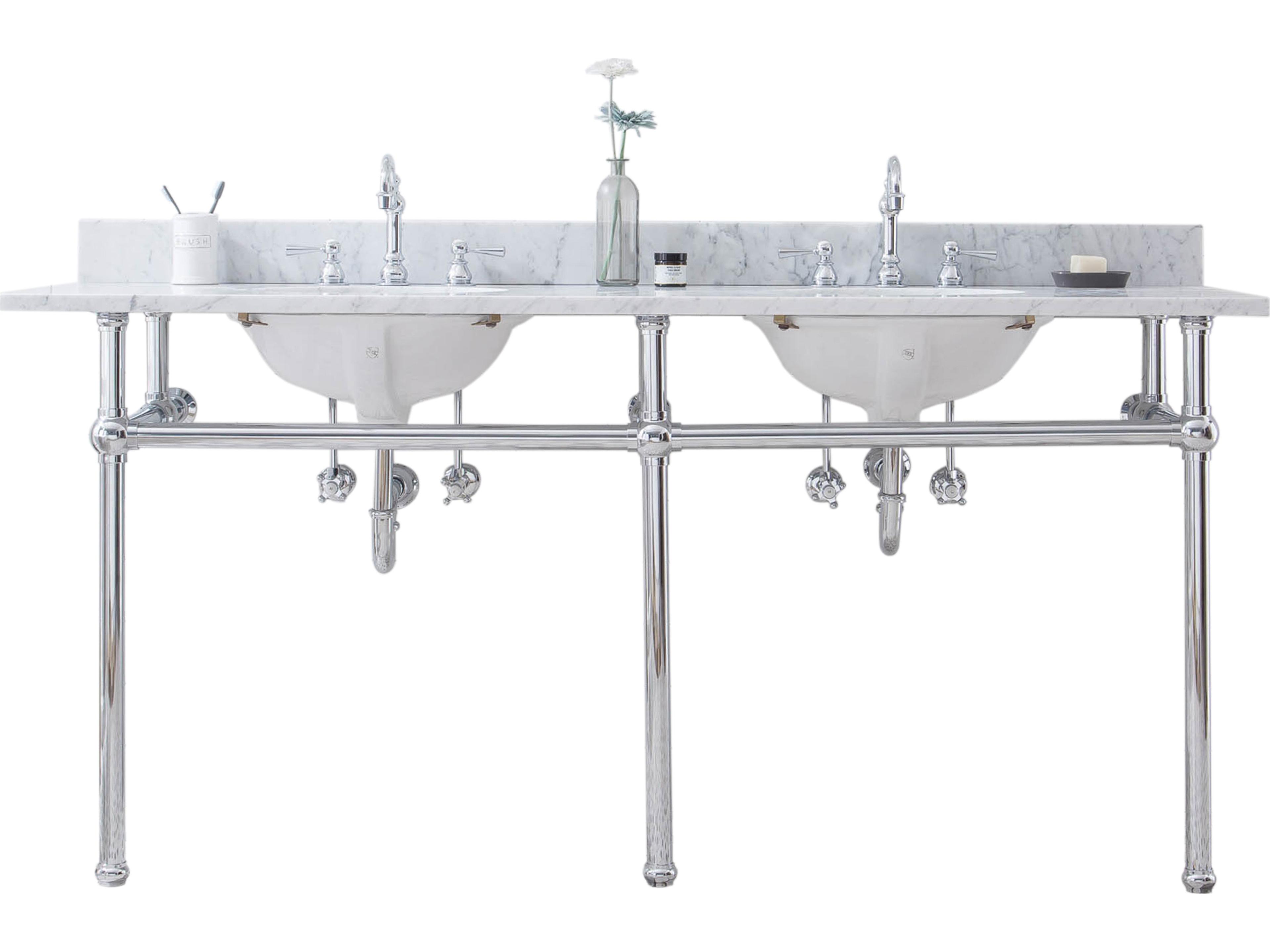 Water Creation Embassy Double Wash Stand, P-Trap, Carrara White Marble Countertop with Oval Basins, and Hook Faucets in Chrome Finish