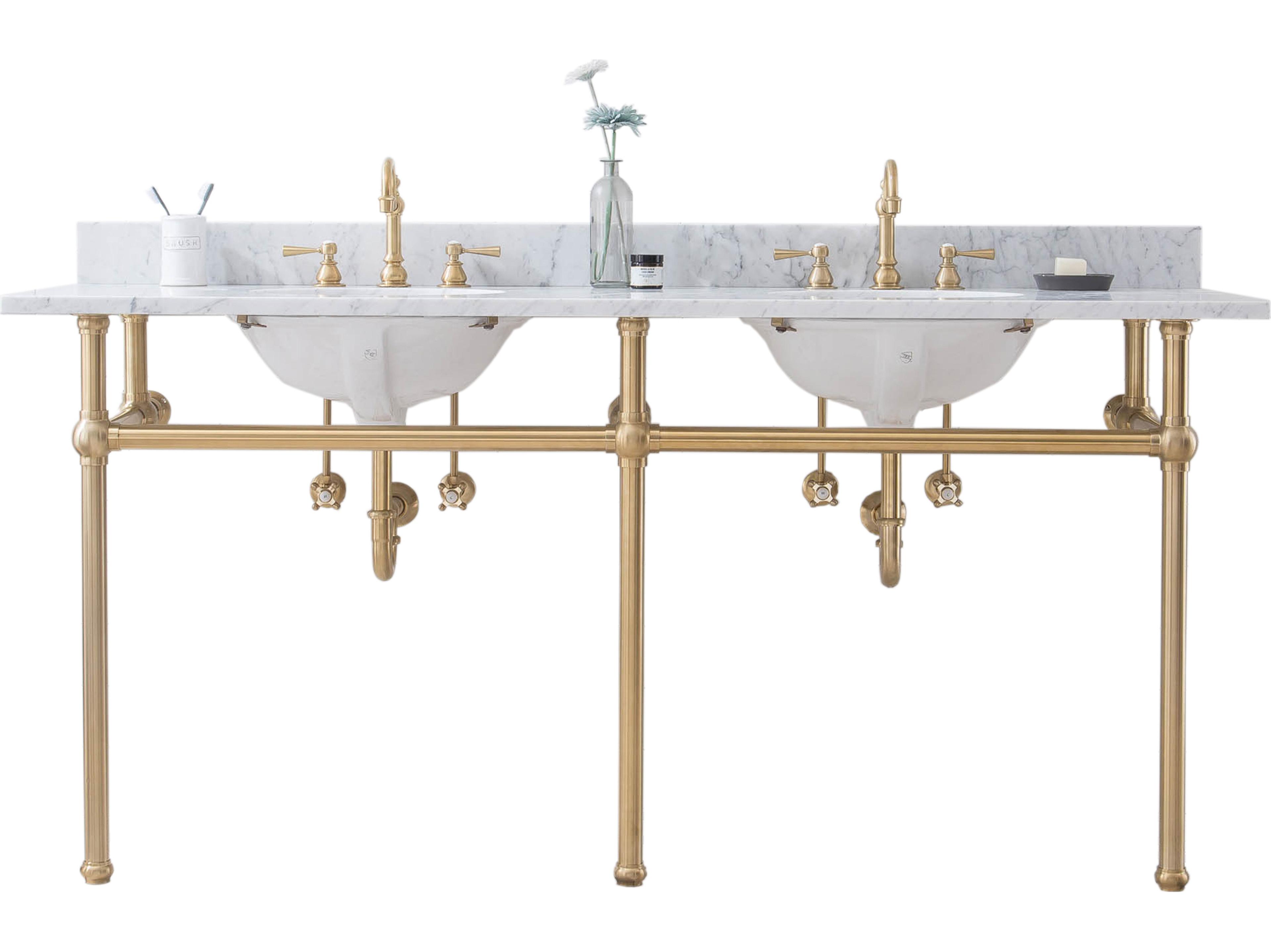 Water Creation Embassy Double Wash Stand, P-Trap, Carrara White Marble Countertop with Oval Basins, and Hook Faucets in Satin Gold Finish