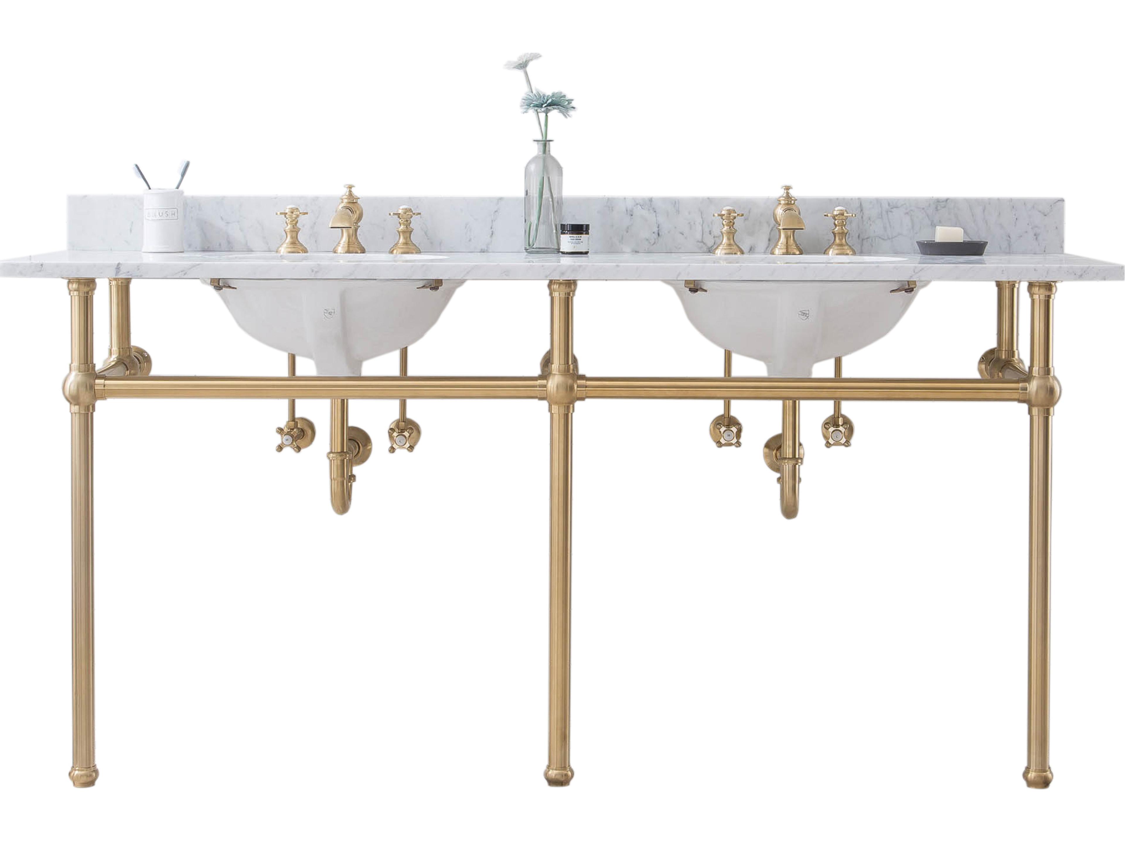 Water Creation Embassy Double Wash Stand, P-Trap, Carrara White Marble Countertop with Oval Basins, and Waterfall Faucets in Satin Gold Finish