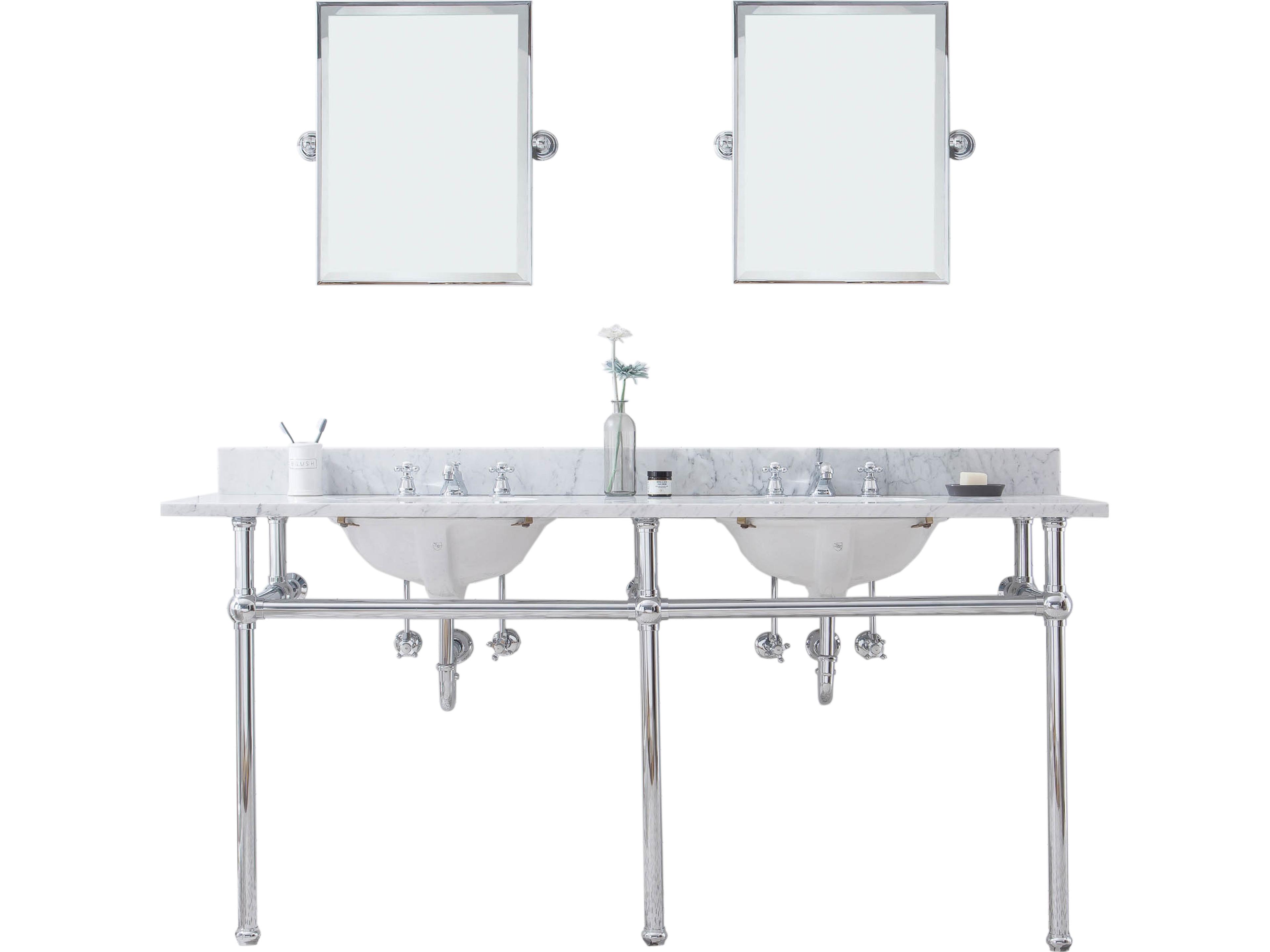 Water Creation Embassy Double Wash Stand, P-Trap, Carrara White Marble Countertop with Oval Basins, Classic Faucets and Rectangular Pivot Mirrors in Chrome Finish