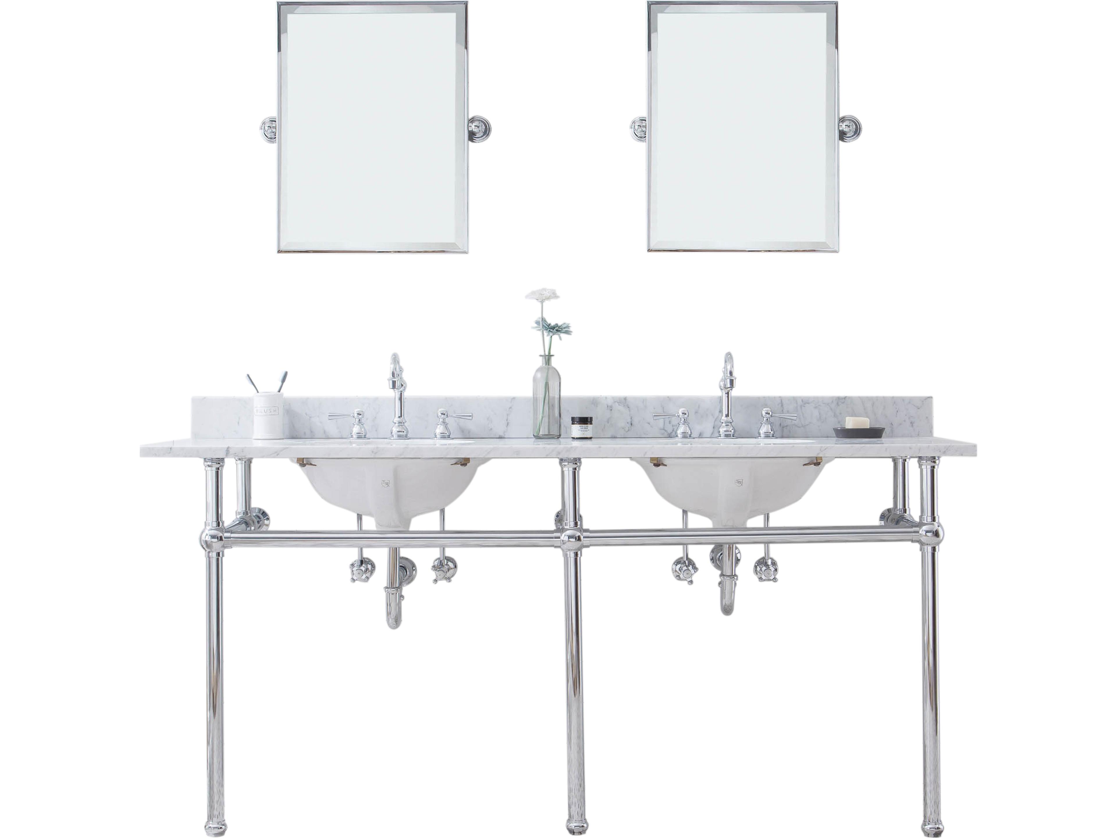 Water Creation Embassy Double Wash Stand, P-Trap, Carrara White Marble Countertop with Oval Basins, Hook Faucets and Rectangular Pivot Mirrors in Chrome Finish