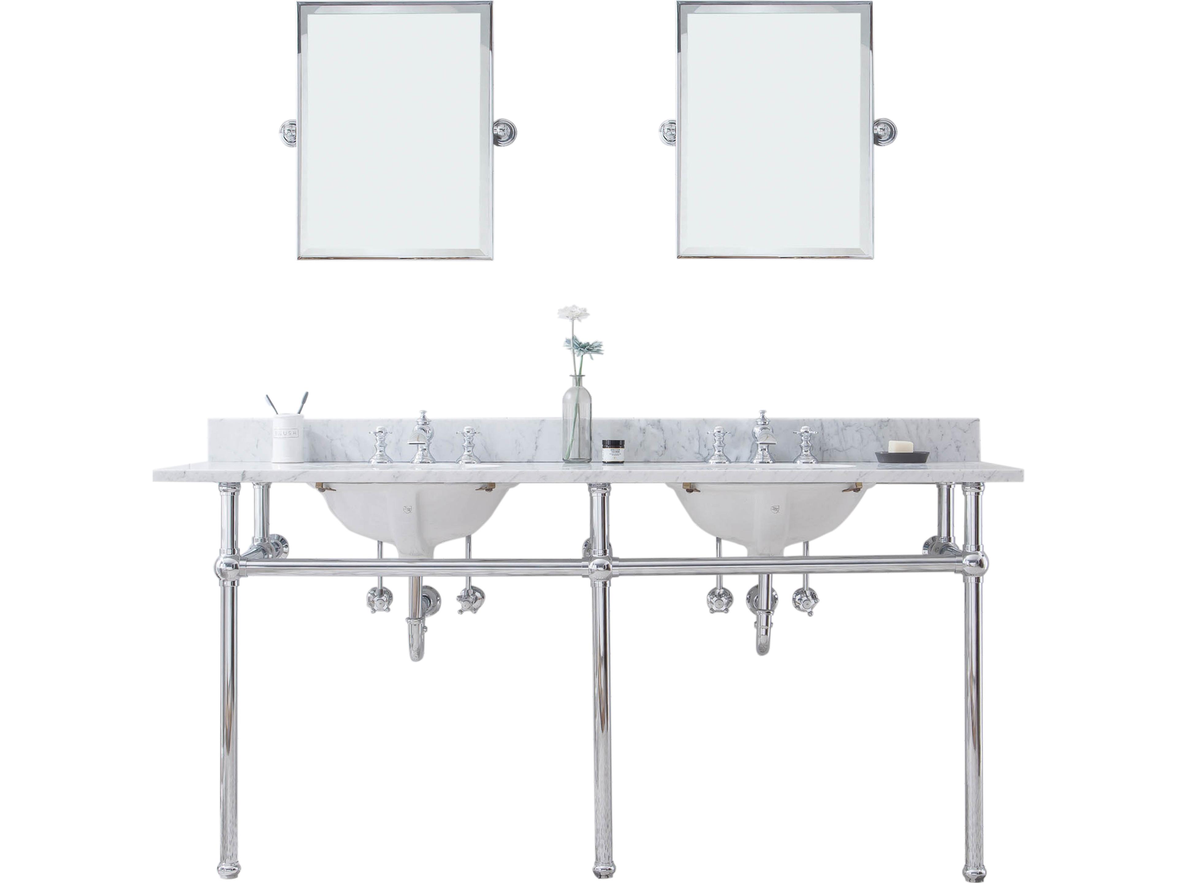 Water Creation Embassy Double Wash Stand, P-Trap, Carrara White Marble Countertop with Oval Basins, Waterfall Faucets and Rectangular Pivot Mirrors in Chrome Finish