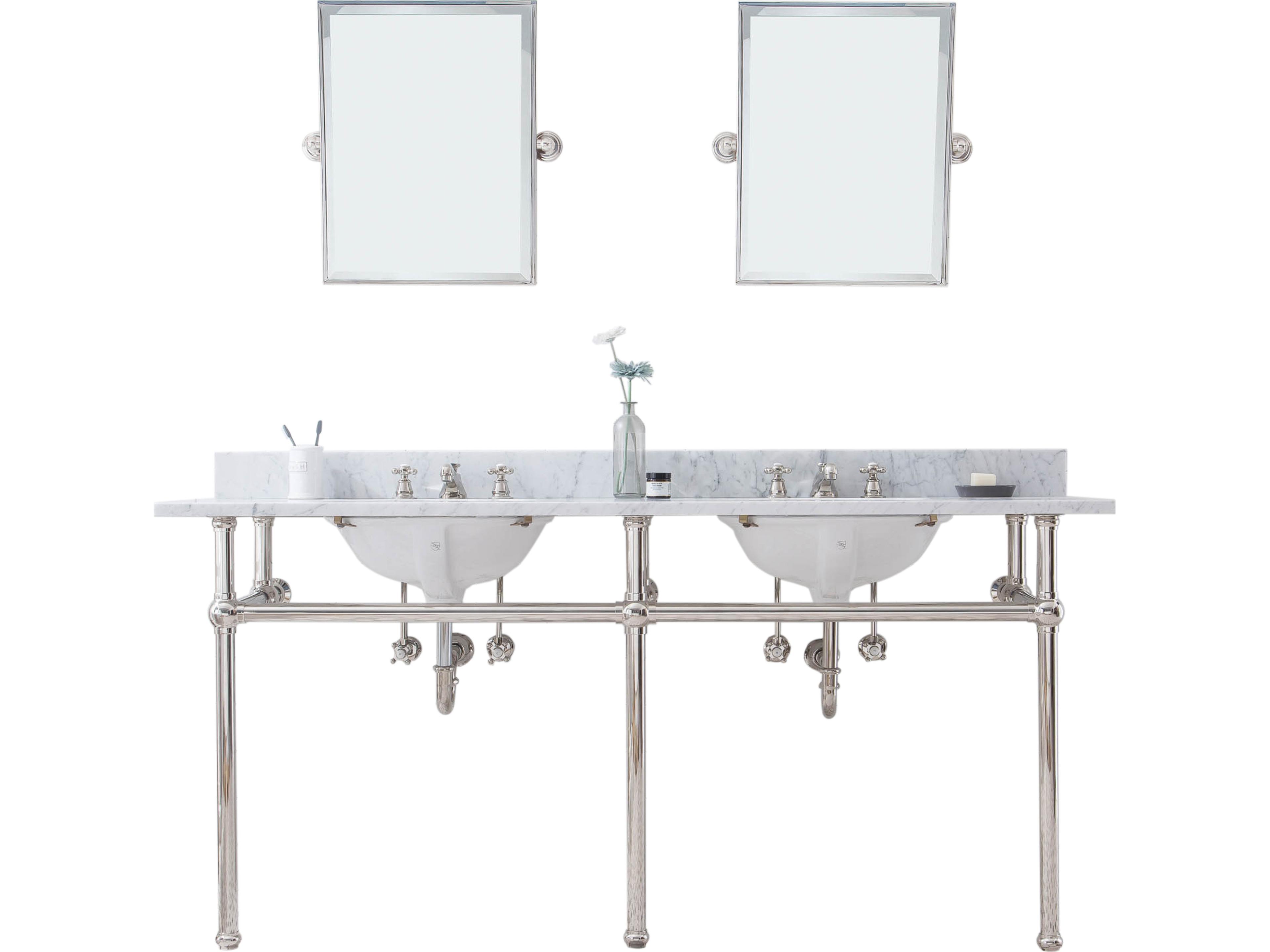 Water Creation Embassy Double Wash Stand, P-Trap, Carrara White Marble Countertop with Oval Basins, Classic Faucets and Rectangular Pivot Mirrors in Polished Nickel Finish