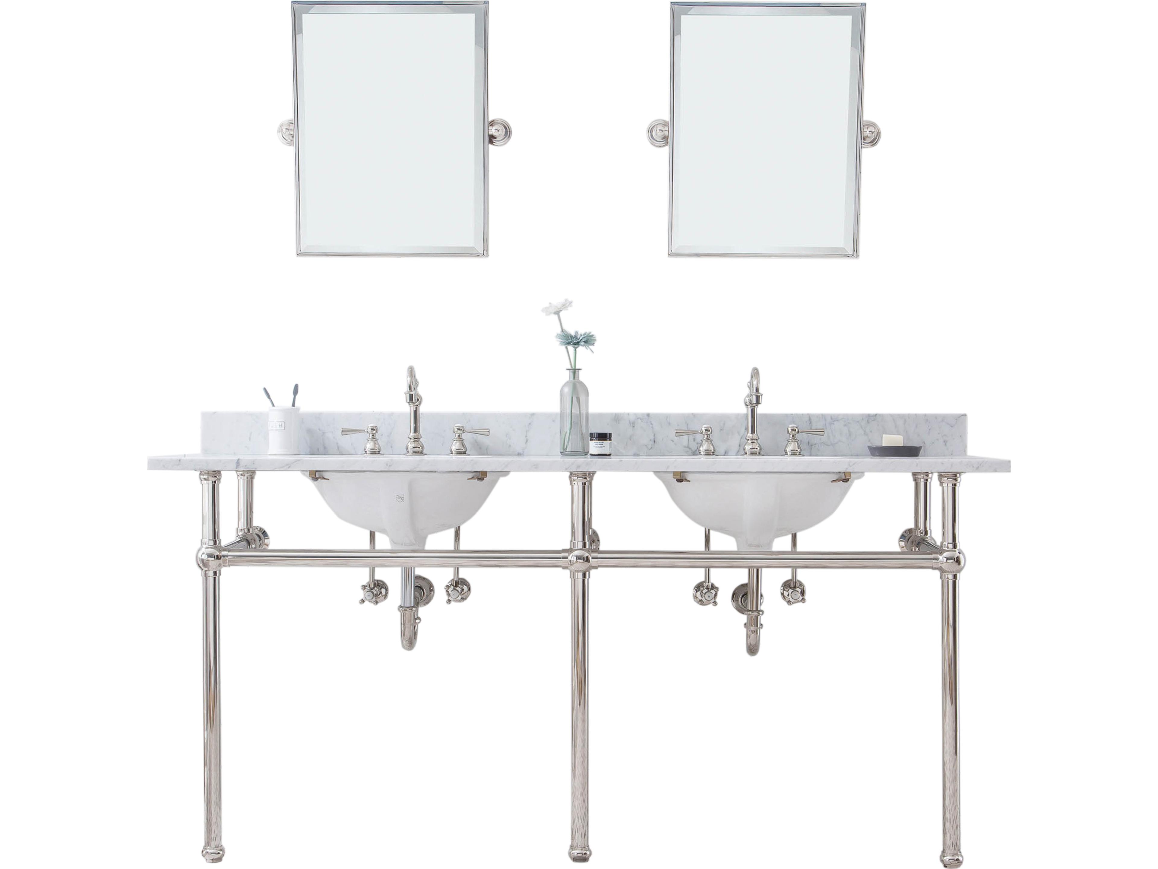 Water Creation Embassy Double Wash Stand, P-Trap, Carrara White Marble Countertop with Oval Basins, Hook Faucets and Rectangular Pivot Mirrors in Polished Nickel (PVD) Finish