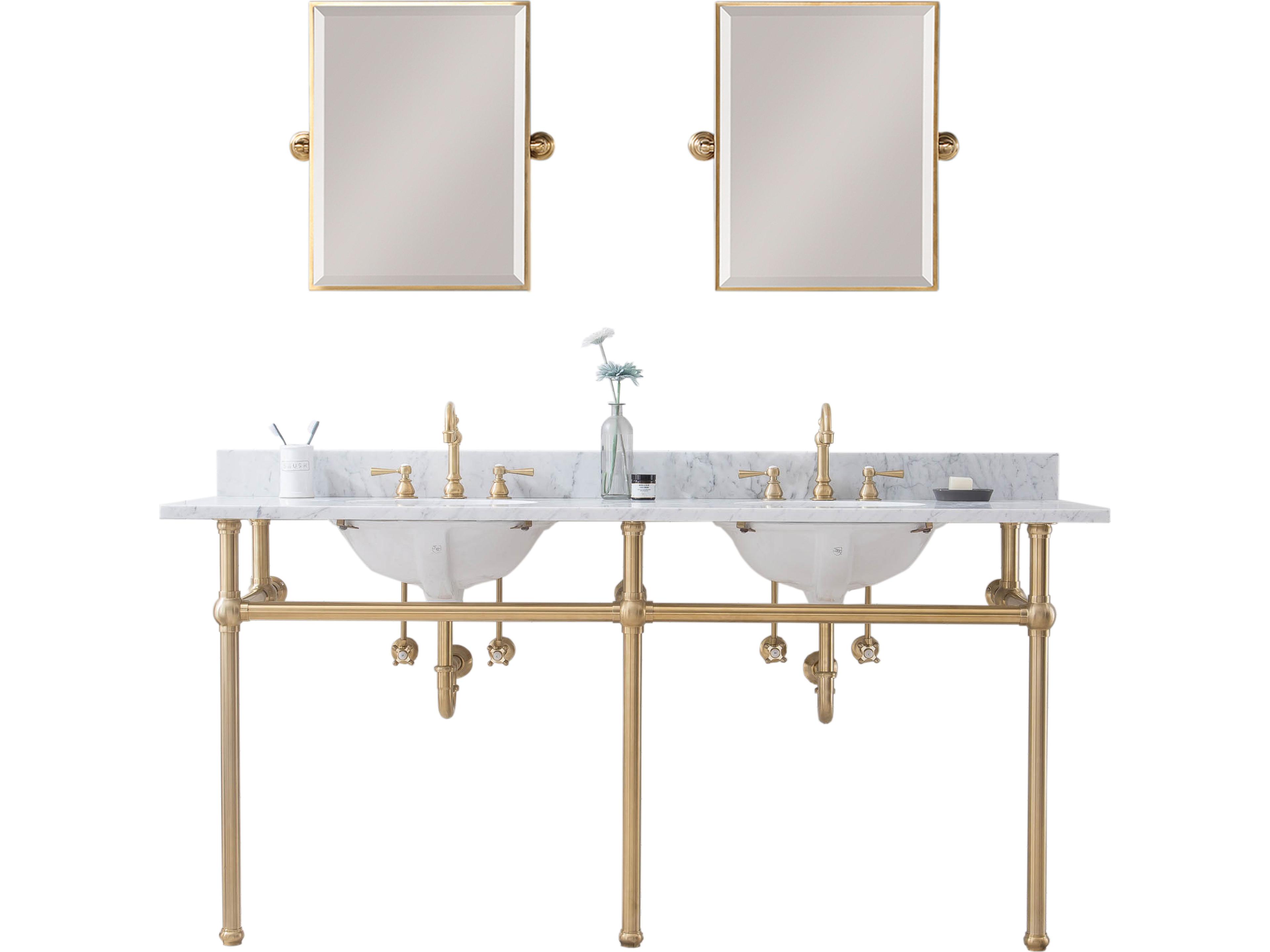 Water Creation Embassy  Double Wash Stand, P-Trap, Carrara White Marble Countertop with Oval Basins, Hook Faucets and Rectangular Pivot Mirrors in Satin Gold Finish