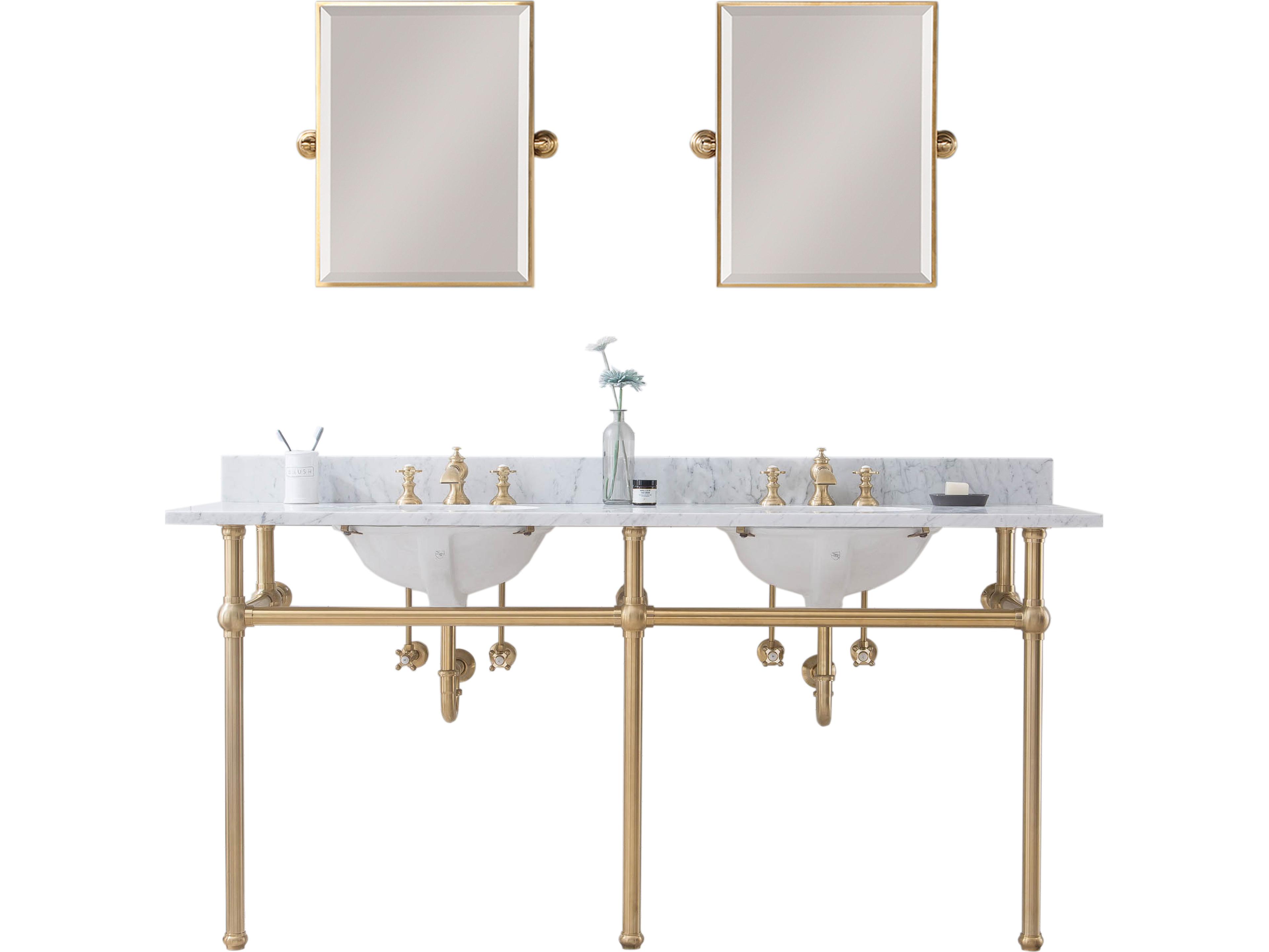 Water Creation Embassy Double Wash Stand, P-Trap, Carrara White Marble Countertop with Oval Basins, Waterfall Faucets and Rectangular Pivot Mirrors in Satin Gold Finish