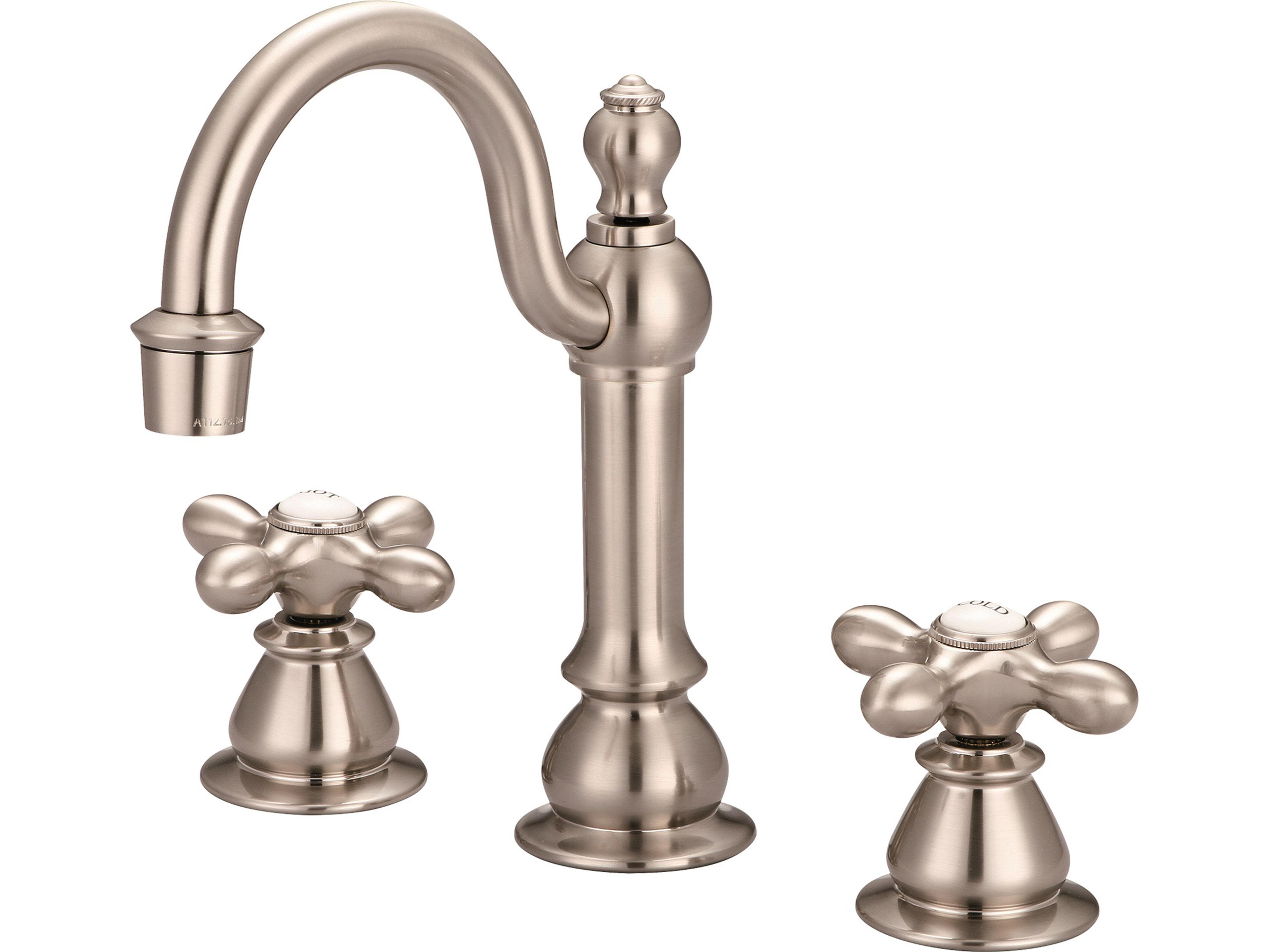 Water Creation Bea Classic Hook Spout Widespread Deck Mount Lavatory Faucets With Pop-Up Drain in Brushed Nickel Finish With Metal Cross Handles