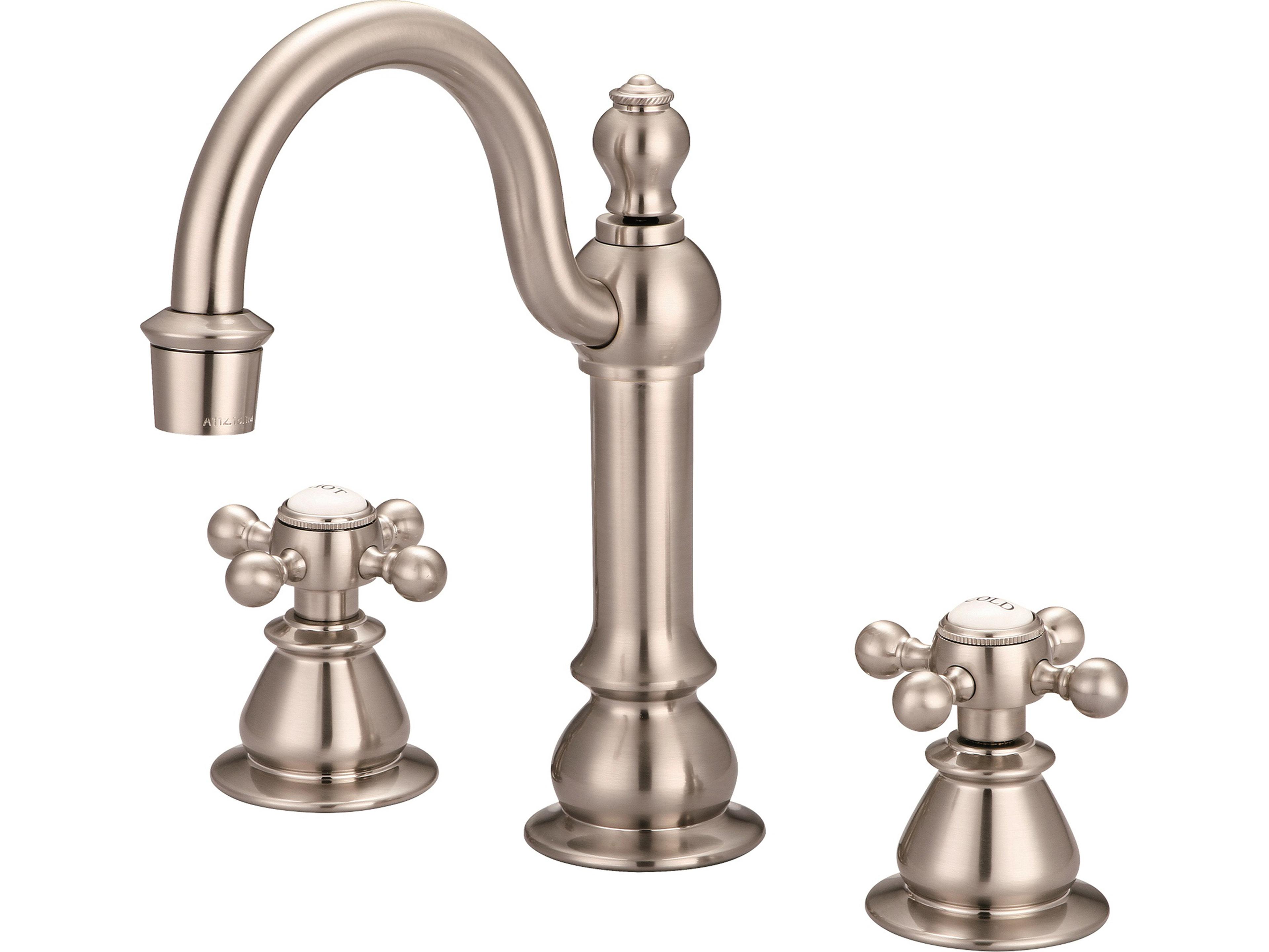 Water Creation Bea Classic Hook Spout Widespread Deck Mount Lavatory Faucets With Pop-Up Drain in Brushed Nickel Finish With British Cross Handles
