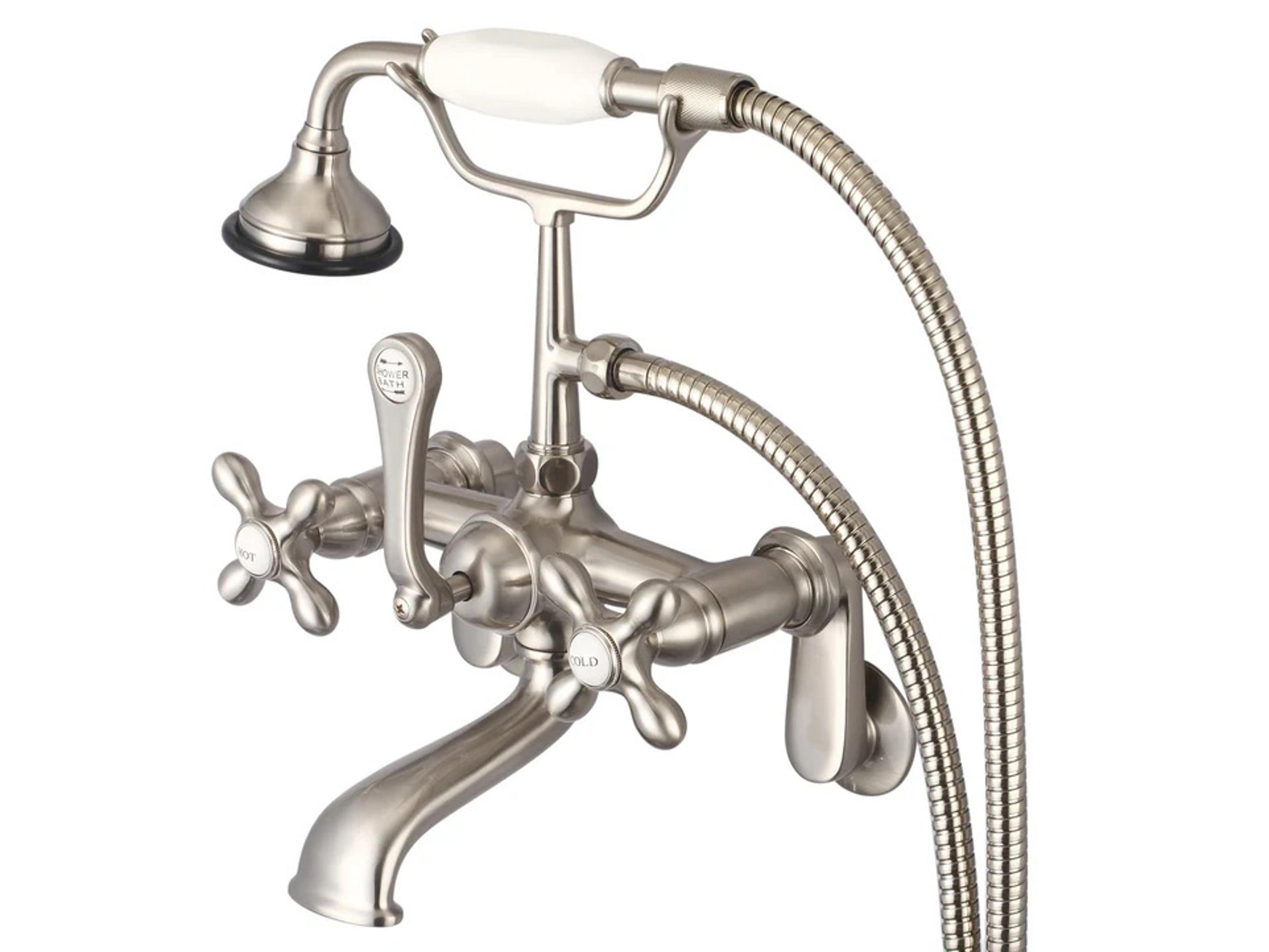 Water Creation Cayo 3-Handle Vintage Claw Foot Tub Faucet with Cross Handles and Hand Shower in Brush Nickel