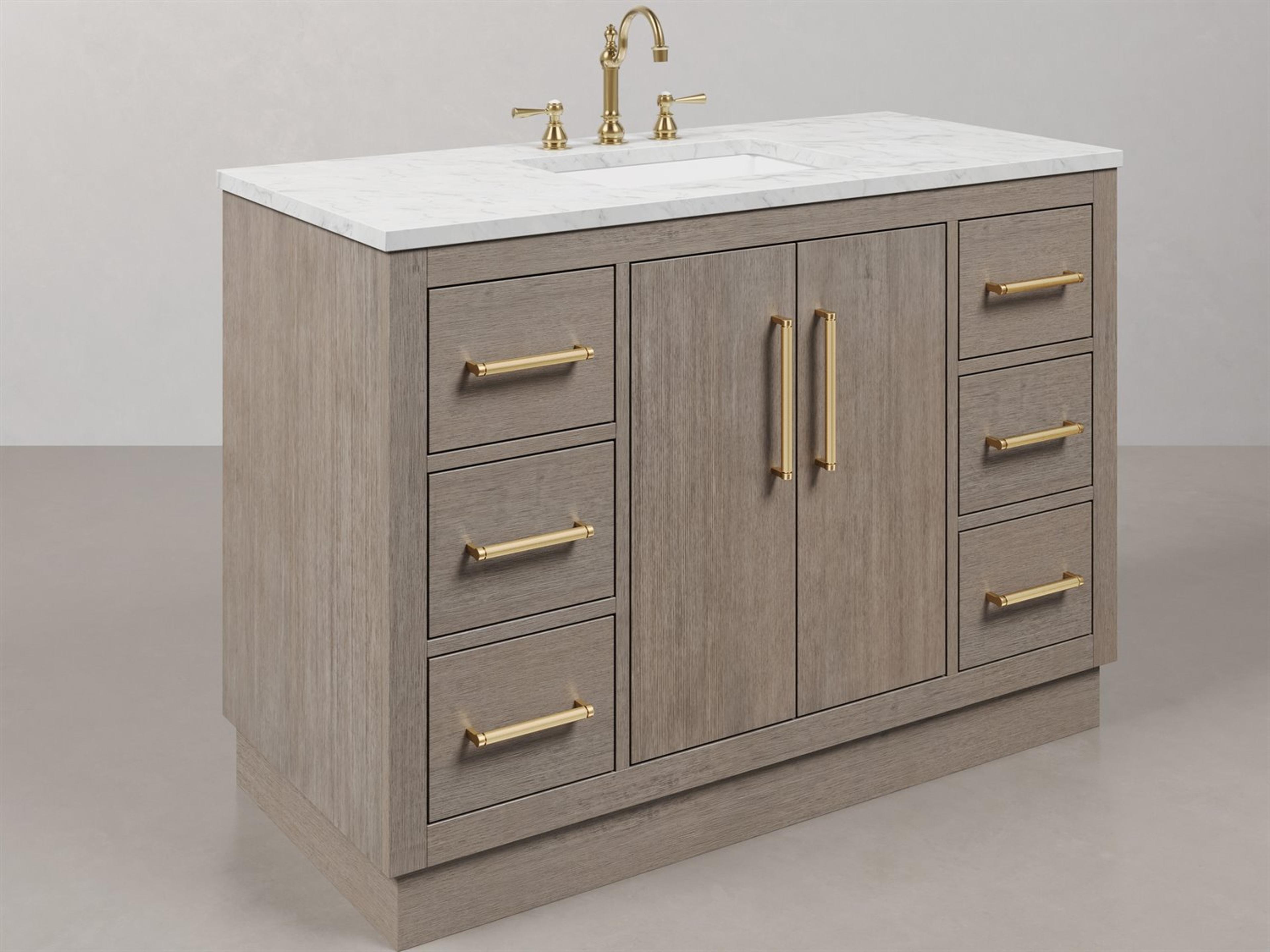 Water Creation Hugo Vanity in Grey Oak with Satin Gold Hardware and Hook Faucet