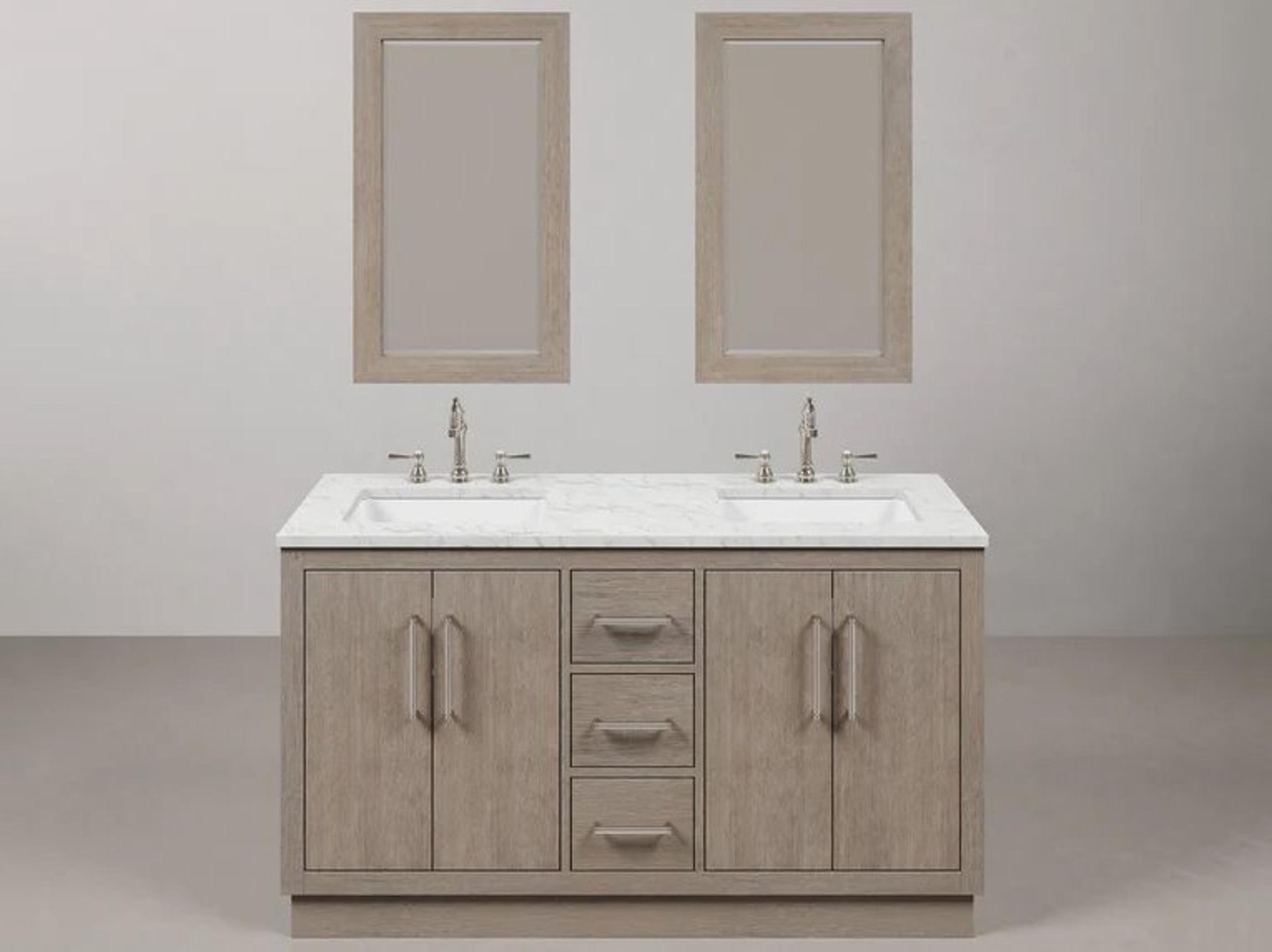 Water Creation Hugo Double Sink Carrara White Marble Countertop Bath Vanity in Grey Oak with Chrome Hardware, Gooseneck Faucets and Rectangular Mirrors (S)