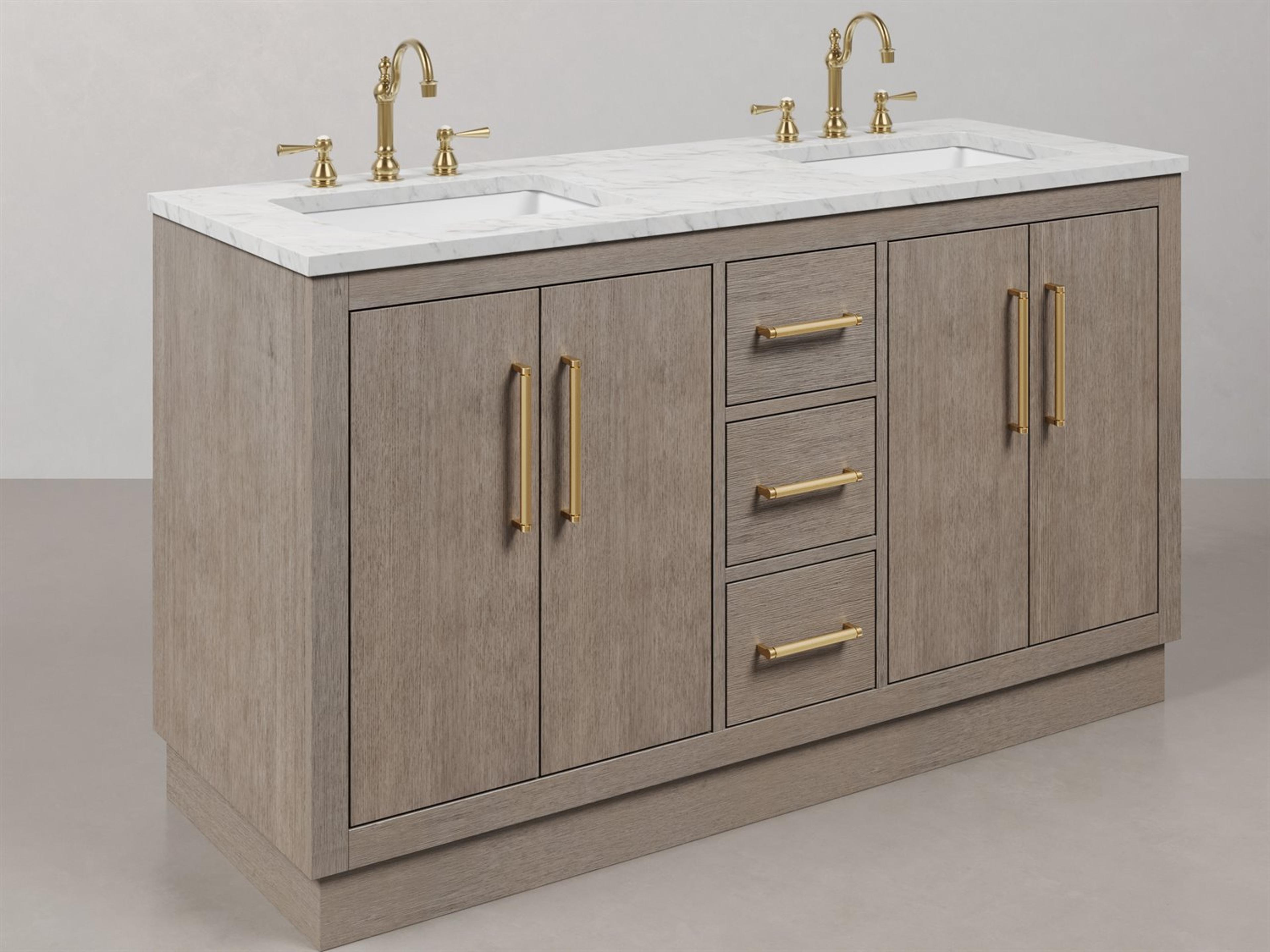 Water Creation Hugo Vanity  in Grey Oak with Satin Gold Hardware and Hook Faucets