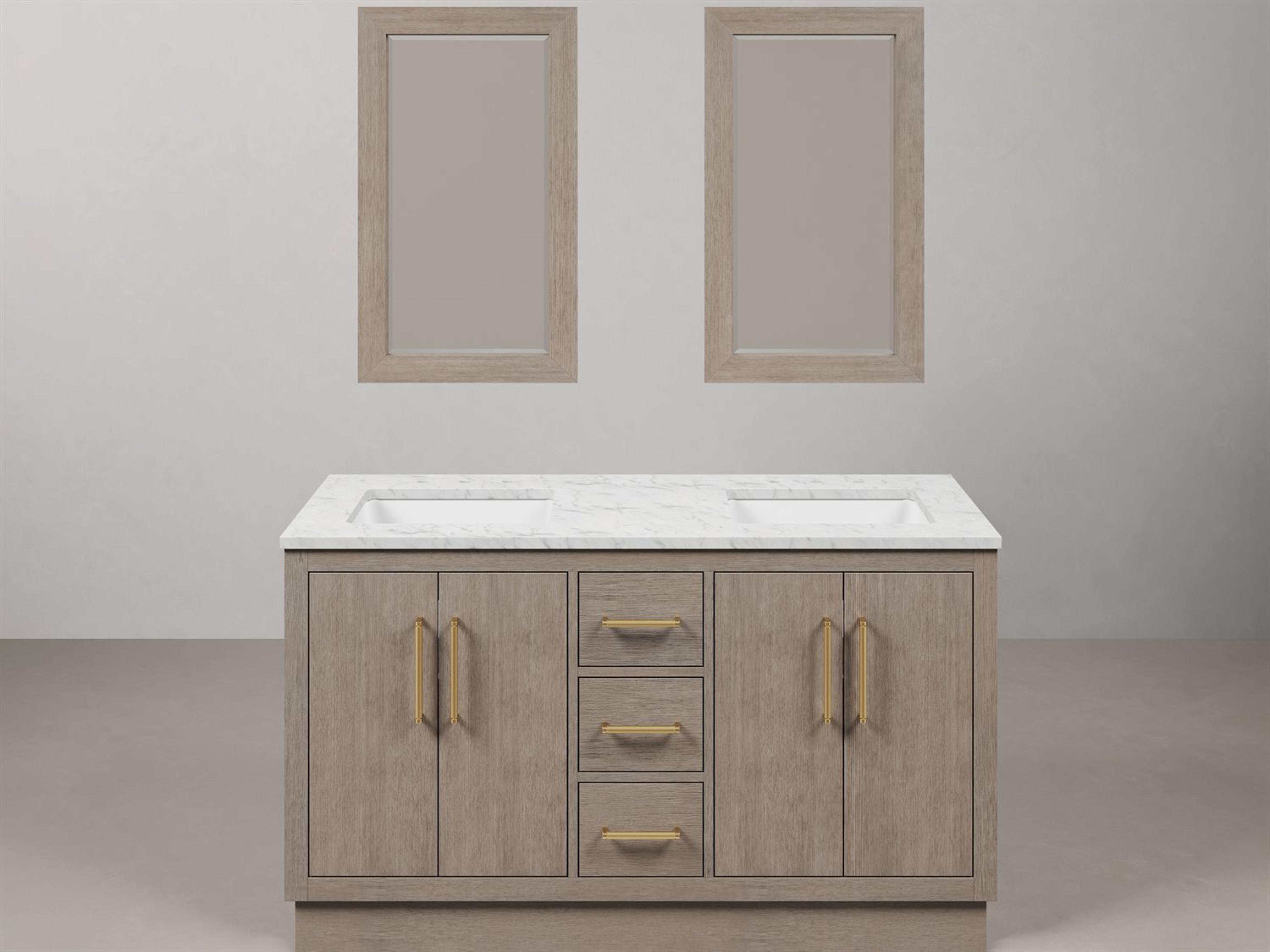 Water Creation Hugo Vanity  in Grey Oak with Satin Gold Hardware and Rectangular Mirrors (S)