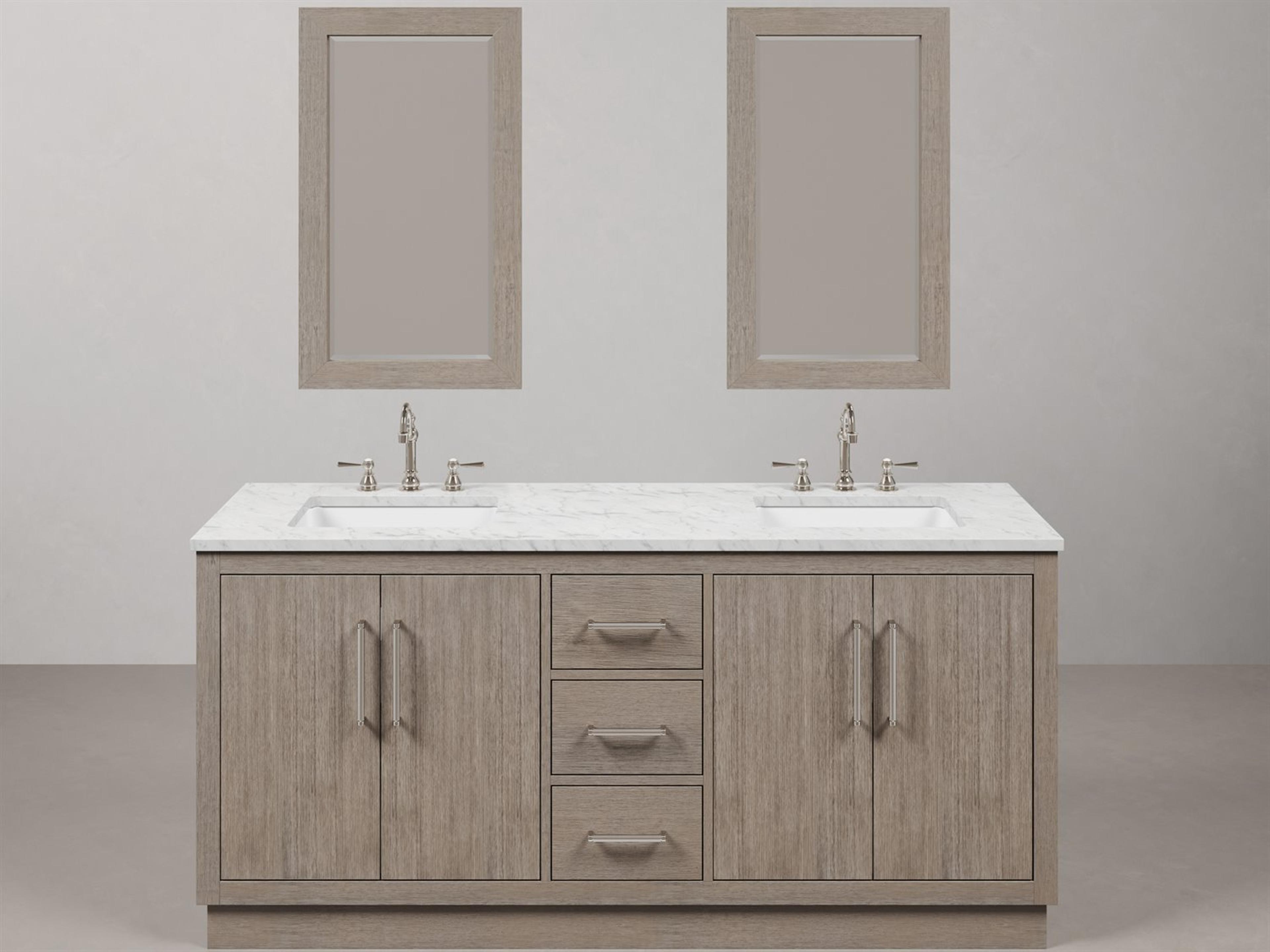 Water Creation Hugo Double Sink Carrara White Marble Countertop Bath Vanity in Grey Oak with Chrome Hardware, Hook Faucets and Rectangular Mirrors (S)