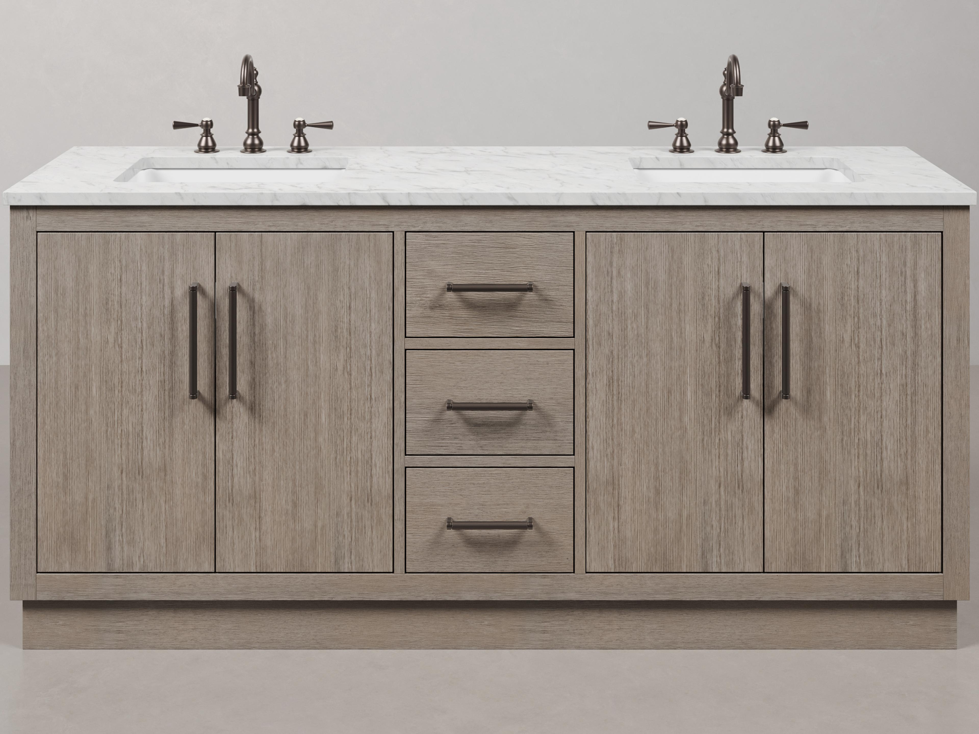 Water Creation Hugo Single Sink Carrara White Marble Countertop Vanity in Grey Oak with Oil Rubbed Bronze Hook Faucet