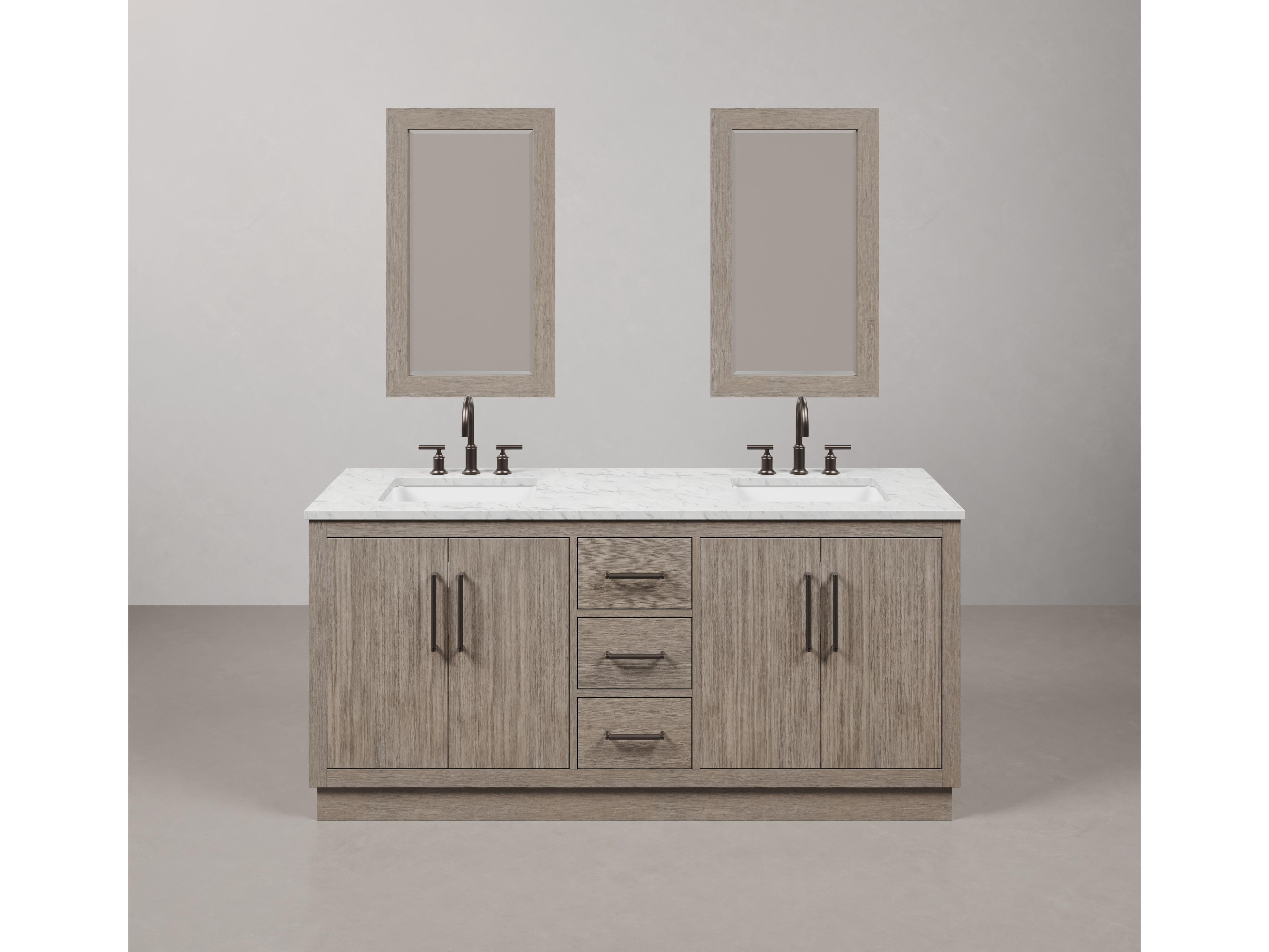 Water Creation Hugo Single Sink Carrara White Marble Countertop Vanity in Grey Oak with Gooseneck Faucet and Mirror