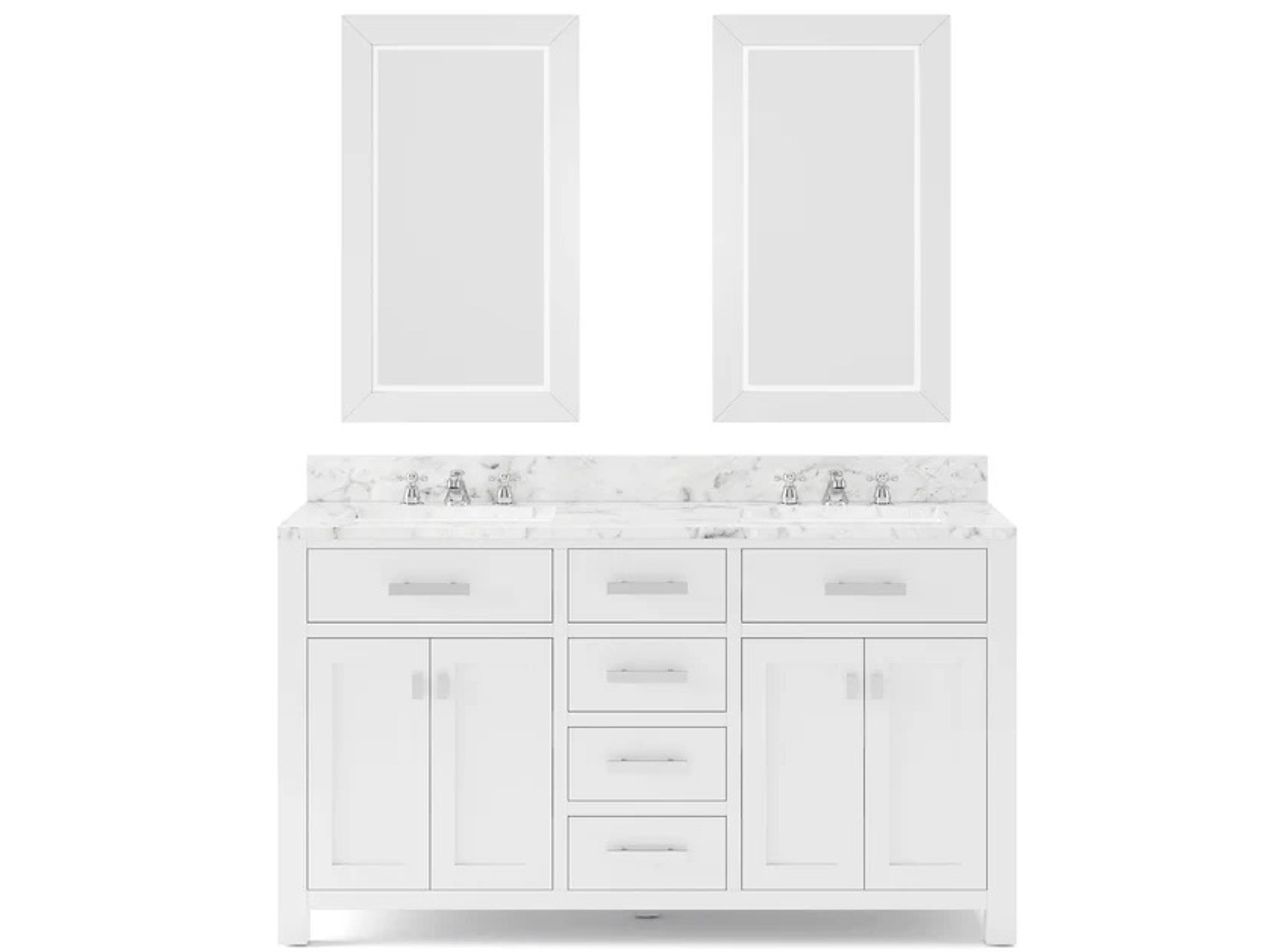 Water Creation Madison Double Sink Carrara White Marble Countertop Bath Vanity in Pure White with Chrome Hardware, Classic Faucets and Rectangular Mirrors (S)