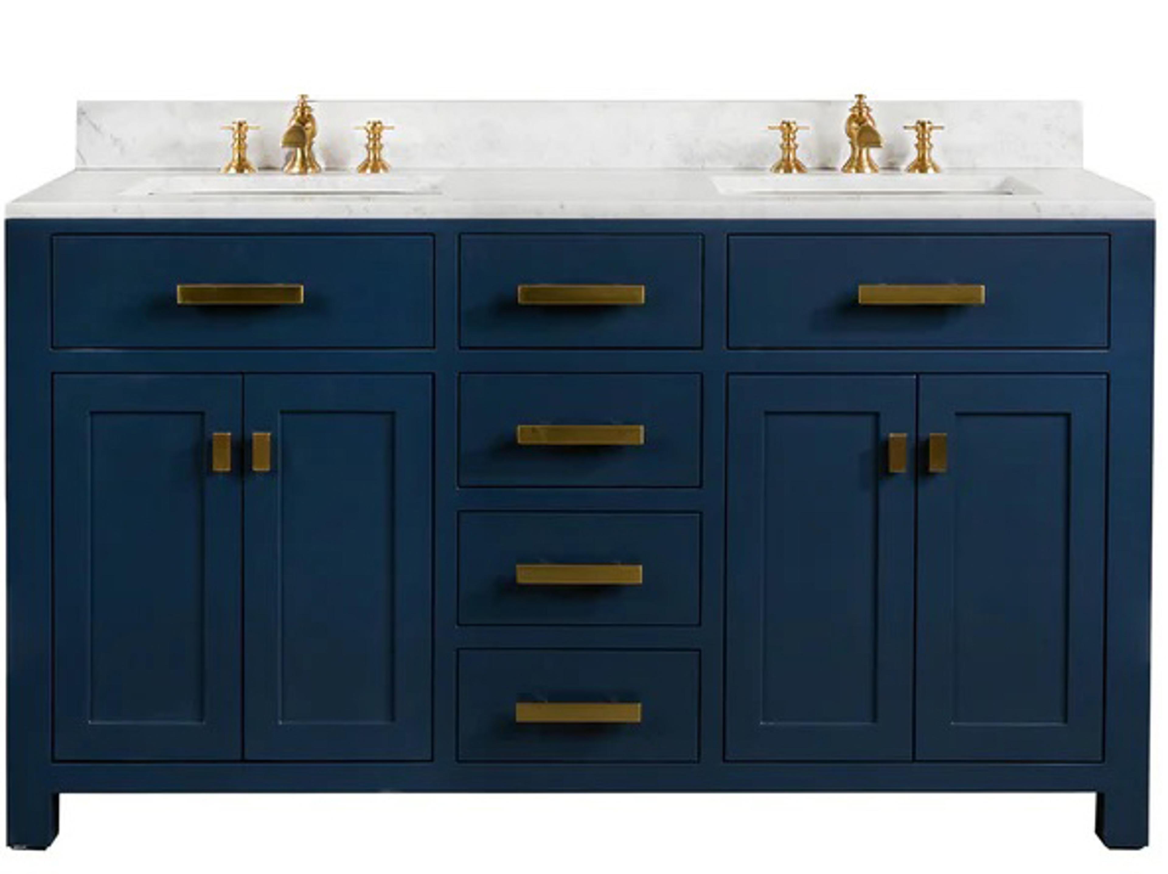 Water Creation Madison Double Sink Carrara White Marble Countertop Bath Vanity In Monarch Blue with Satin Gold Hardware and Waterfall Faucets